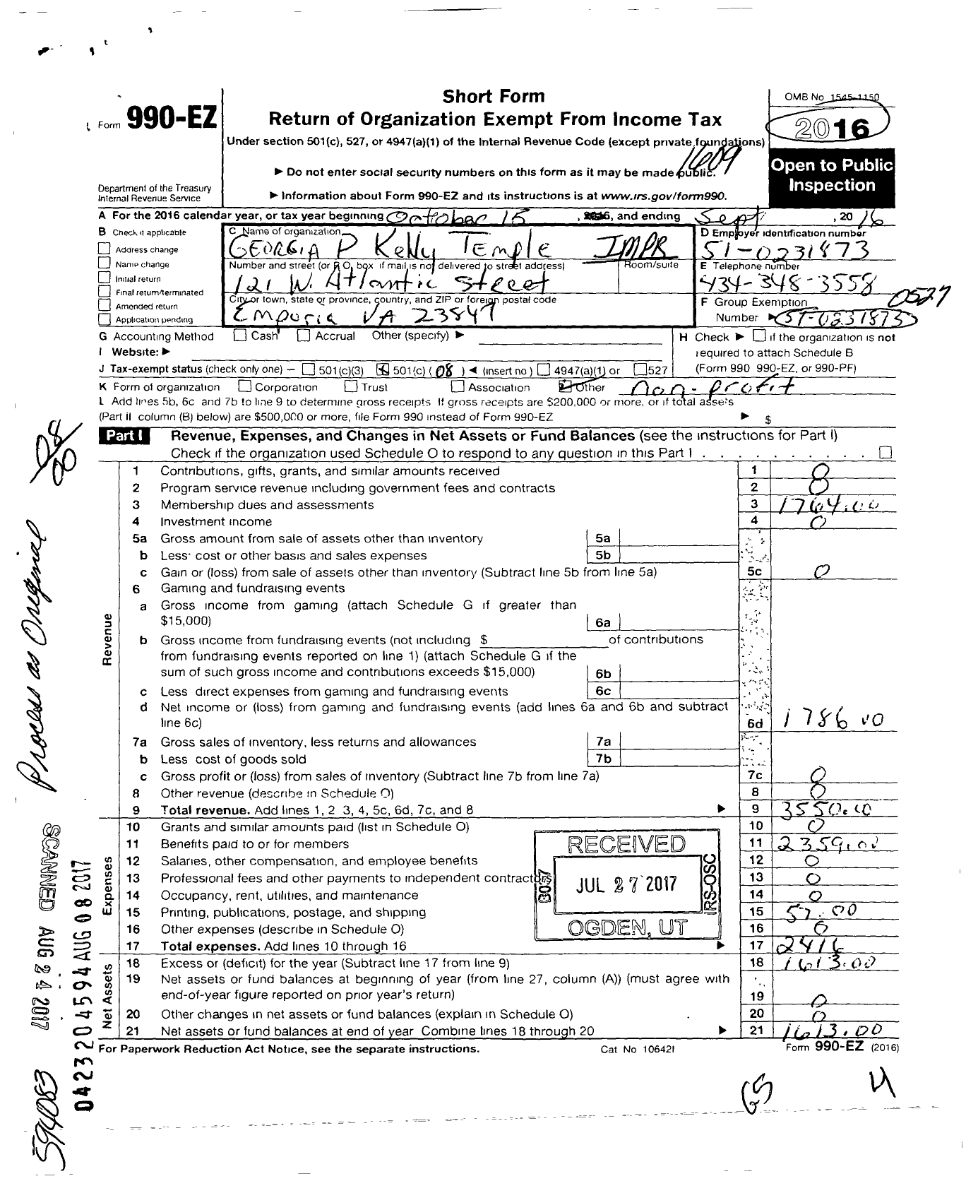 Image of first page of 2015 Form 990EO for Improved Benevolent and Protective Order of Elks of the World - 863 Georgia P Kelly Temple