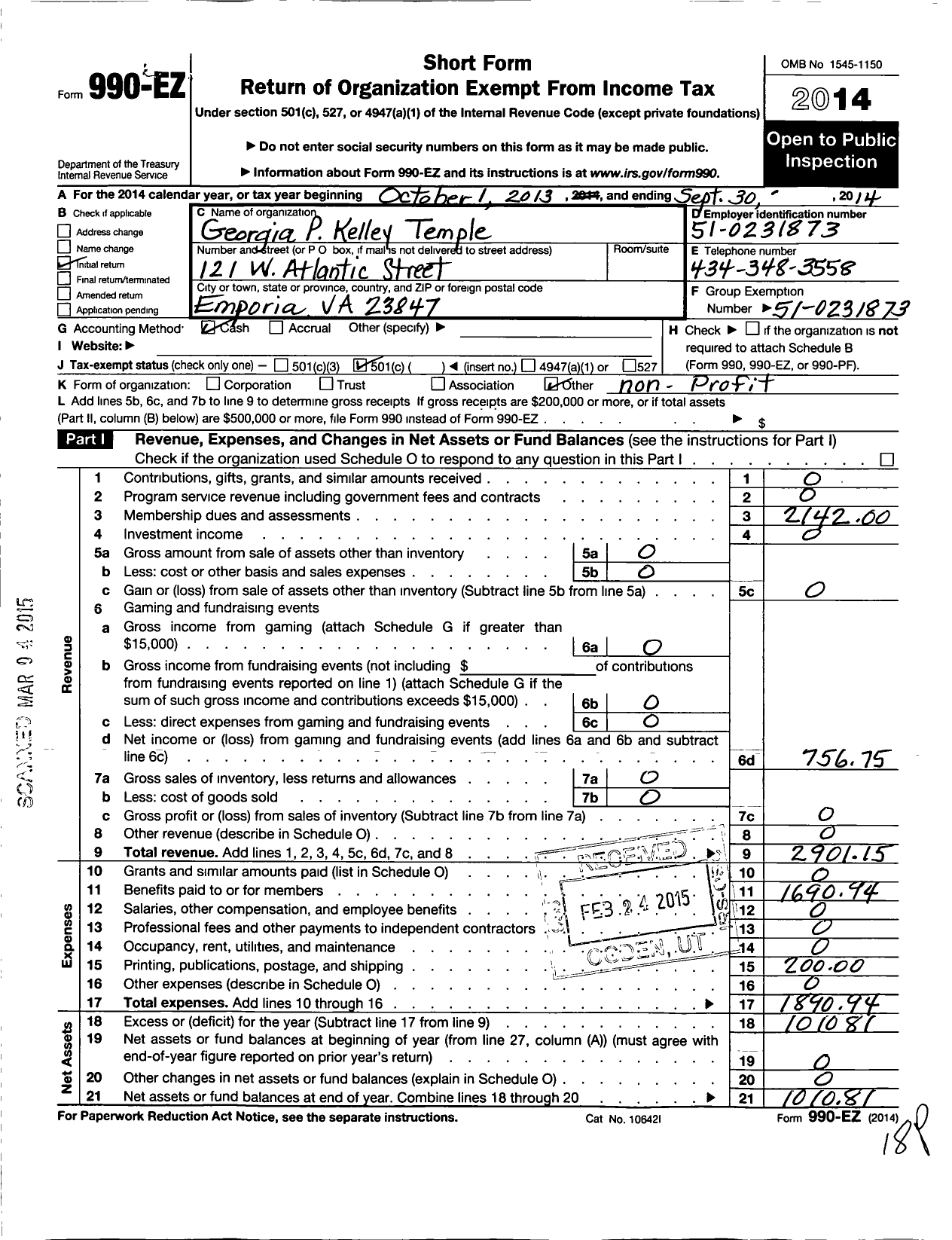 Image of first page of 2013 Form 990EO for Improved Benevolent and Protective Order of Elks of the World - 863 Georgia P Kelly Temple