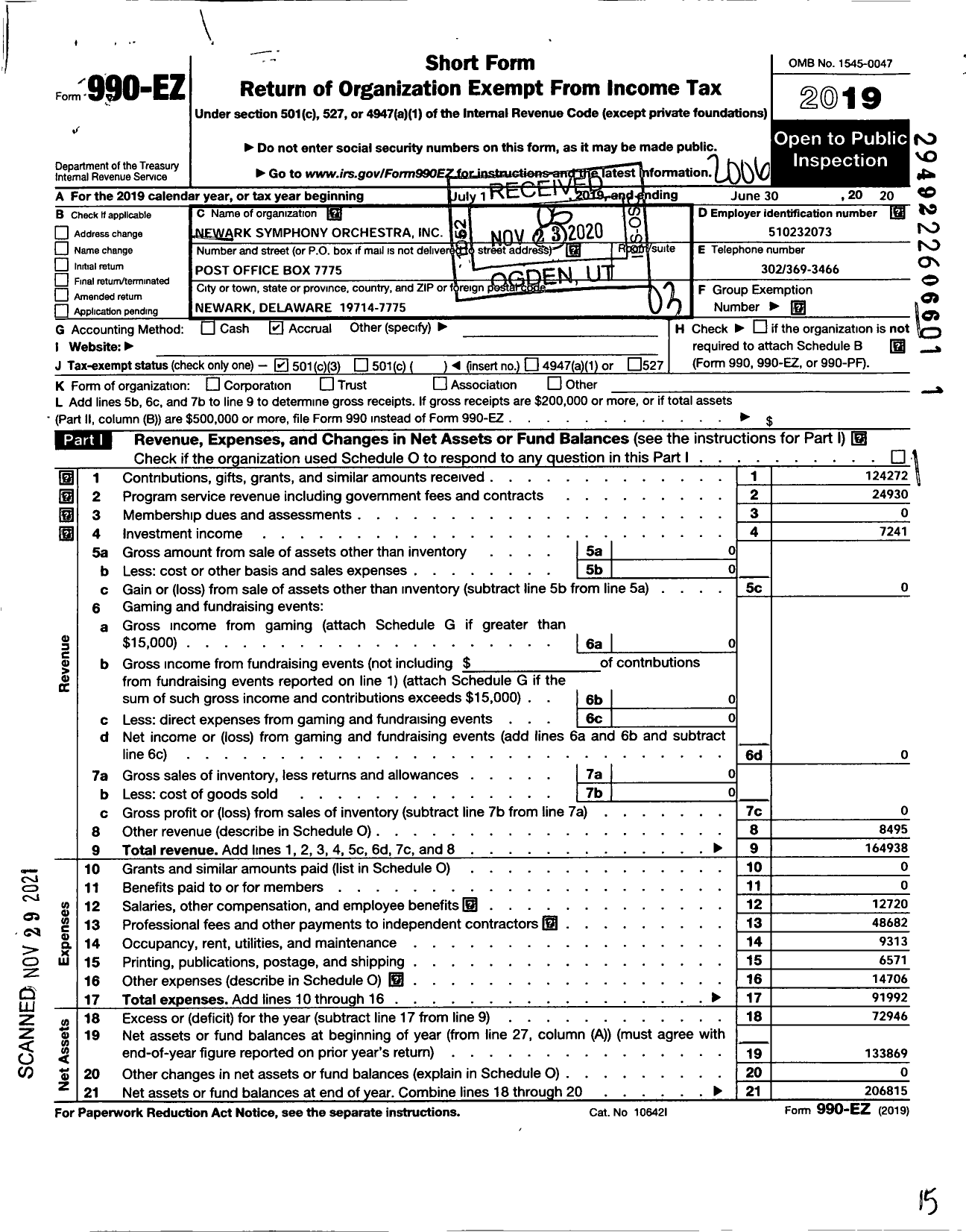 Image of first page of 2019 Form 990EZ for Newark Symphony Orchestra