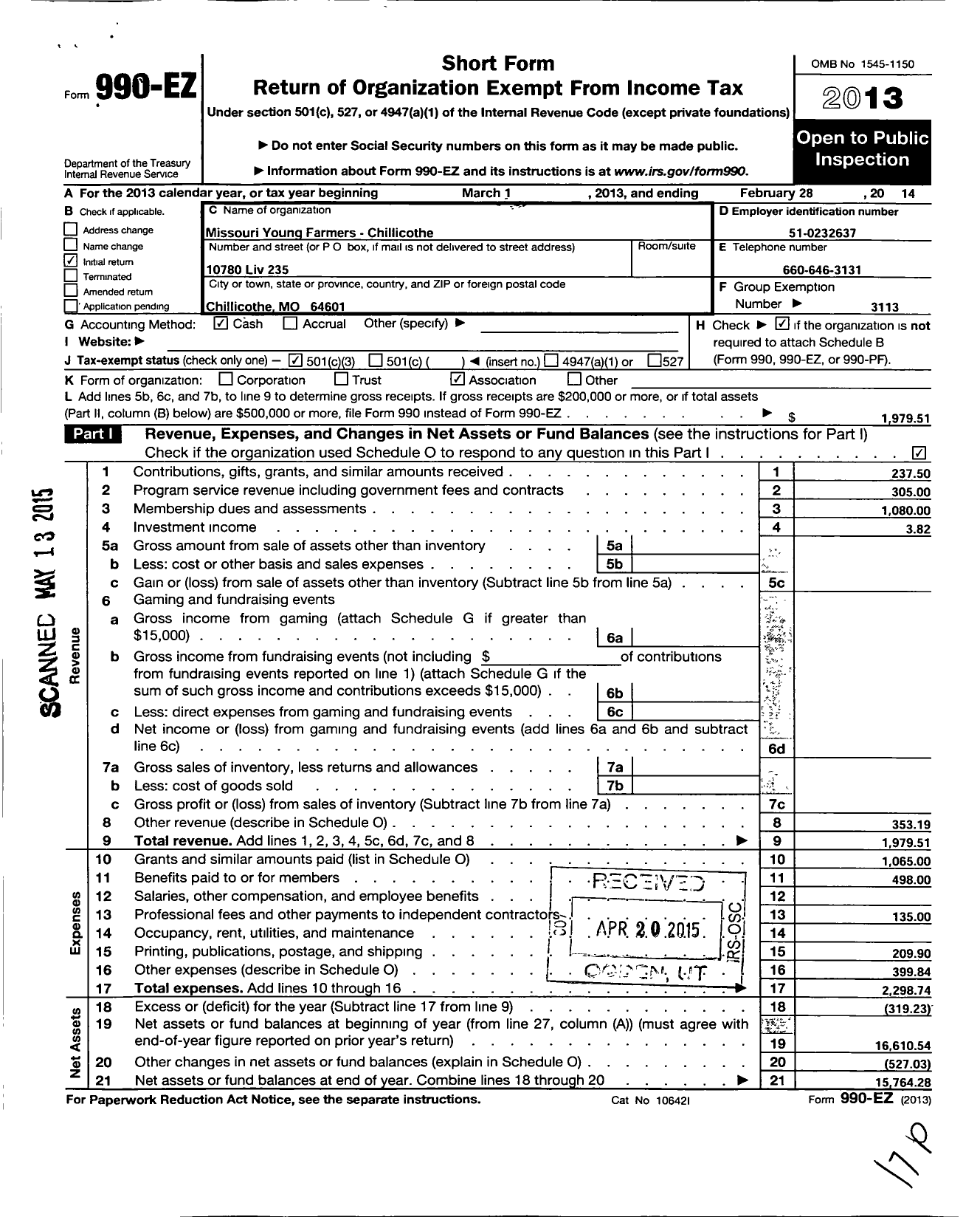 Image of first page of 2013 Form 990EZ for Missouri Young Farmers Association / Chillicothe