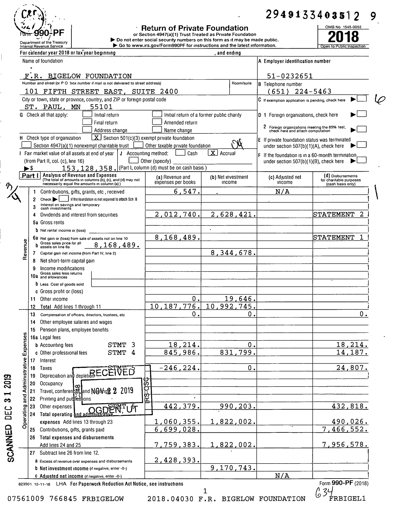 Image of first page of 2018 Form 990PF for FR Bigelow Foundation