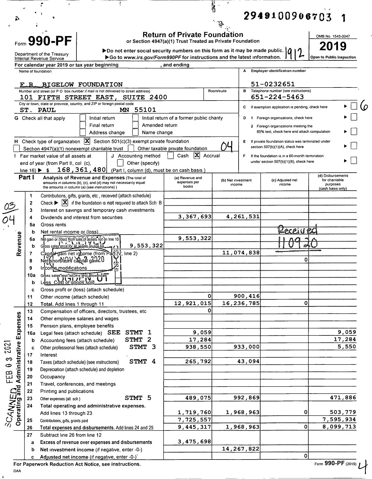 Image of first page of 2019 Form 990PF for FR Bigelow Foundation