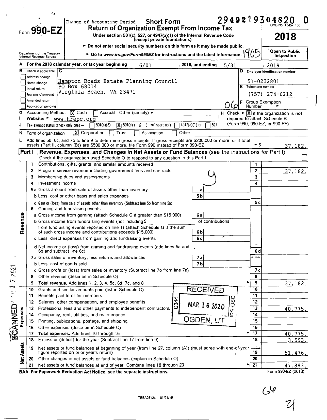 Image of first page of 2018 Form 990EO for Hampton Roads Estate Planning Council