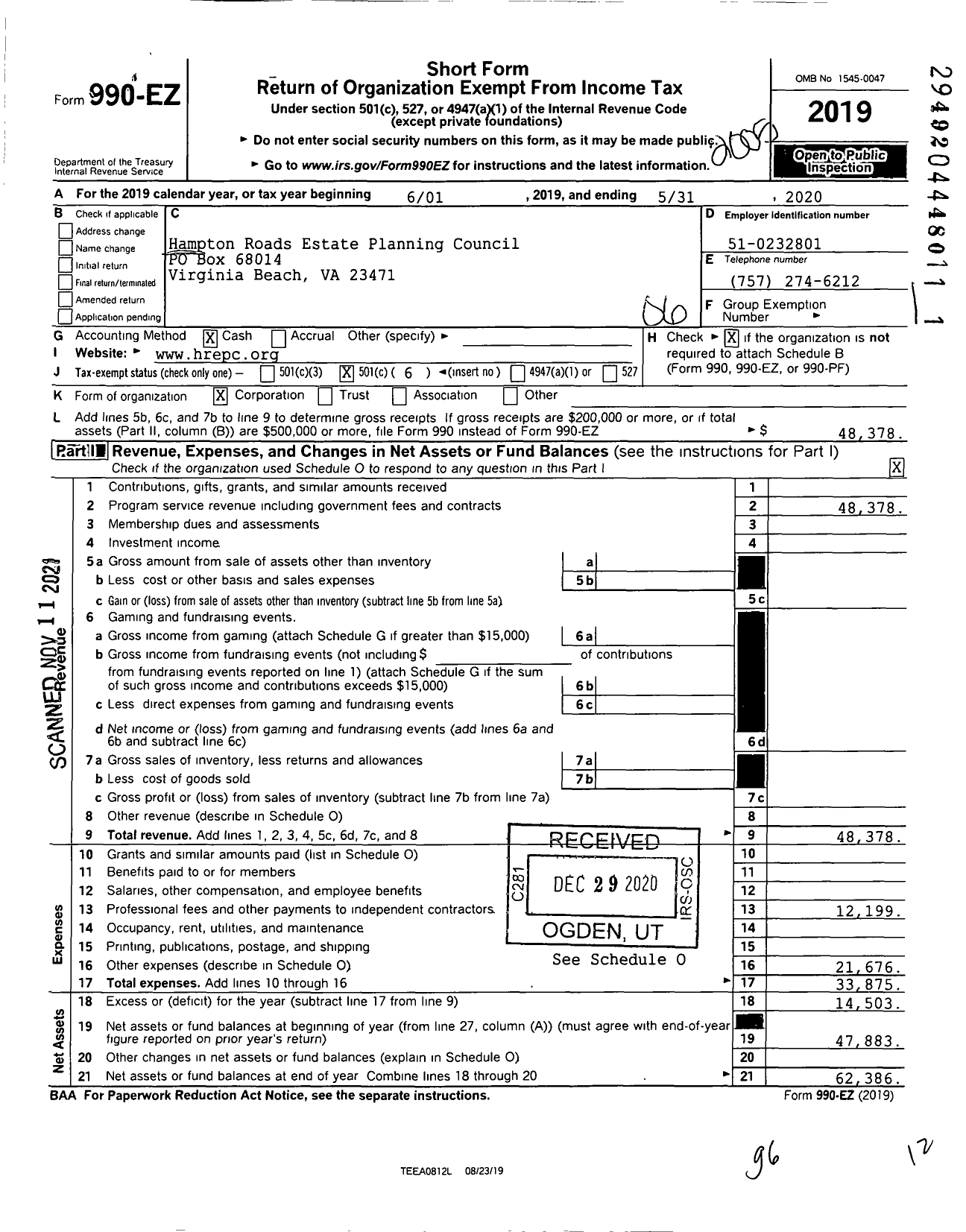 Image of first page of 2019 Form 990EO for Hampton Roads Estate Planning Council