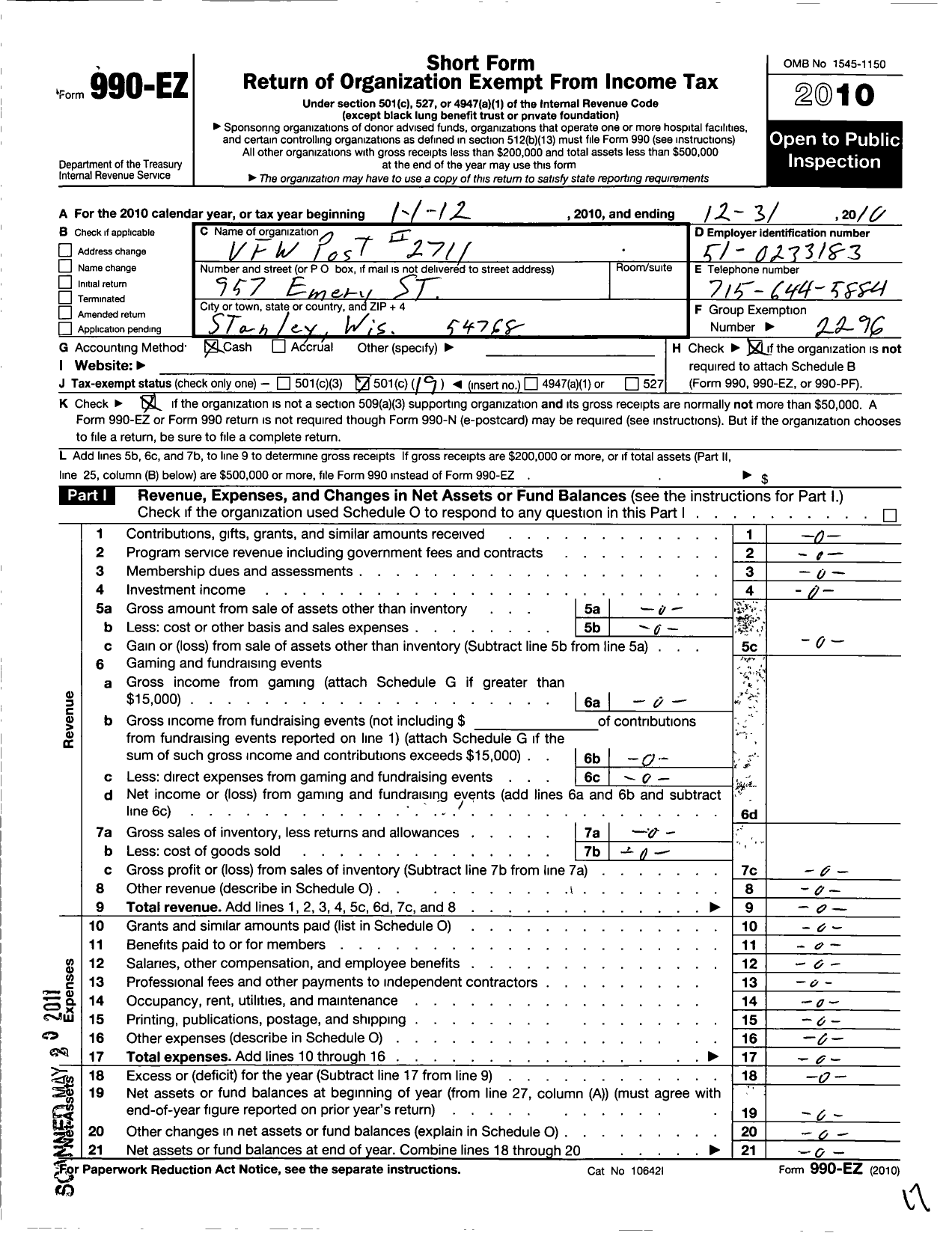 Image of first page of 2010 Form 990EO for VFW Wi - 2711 Richard Brown Post