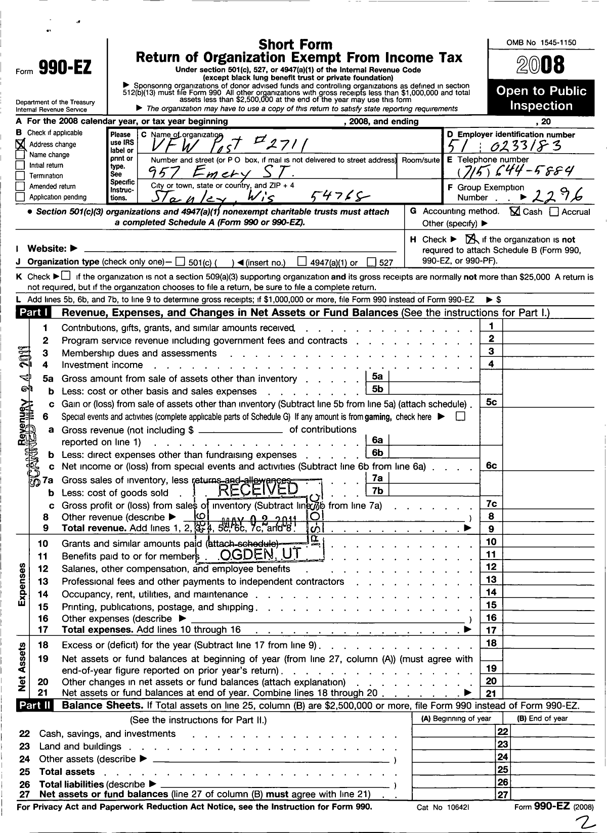 Image of first page of 2008 Form 990EO for VFW Wi - 2711 Richard Brown Post