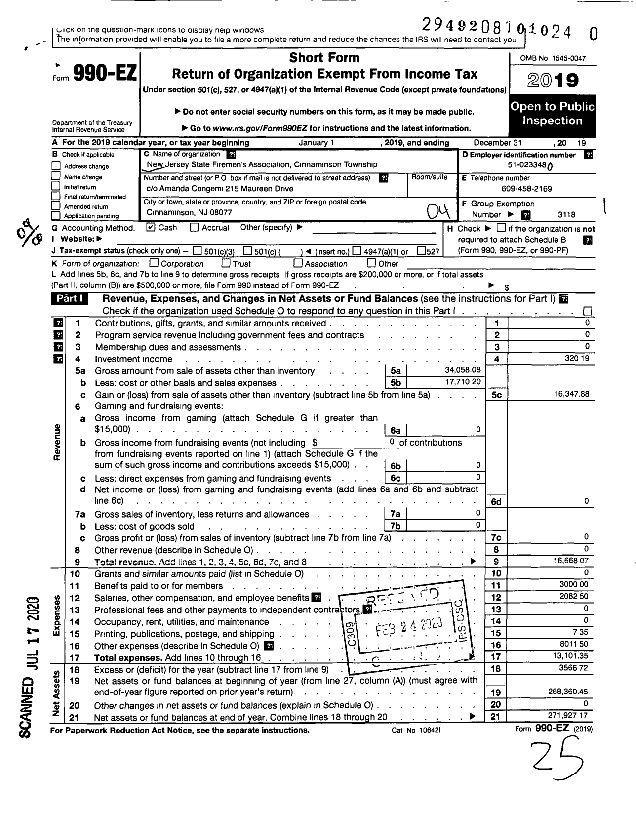 Image of first page of 2019 Form 990EO for New Jersey State Firemen's Association - Cinnaminson TWSP