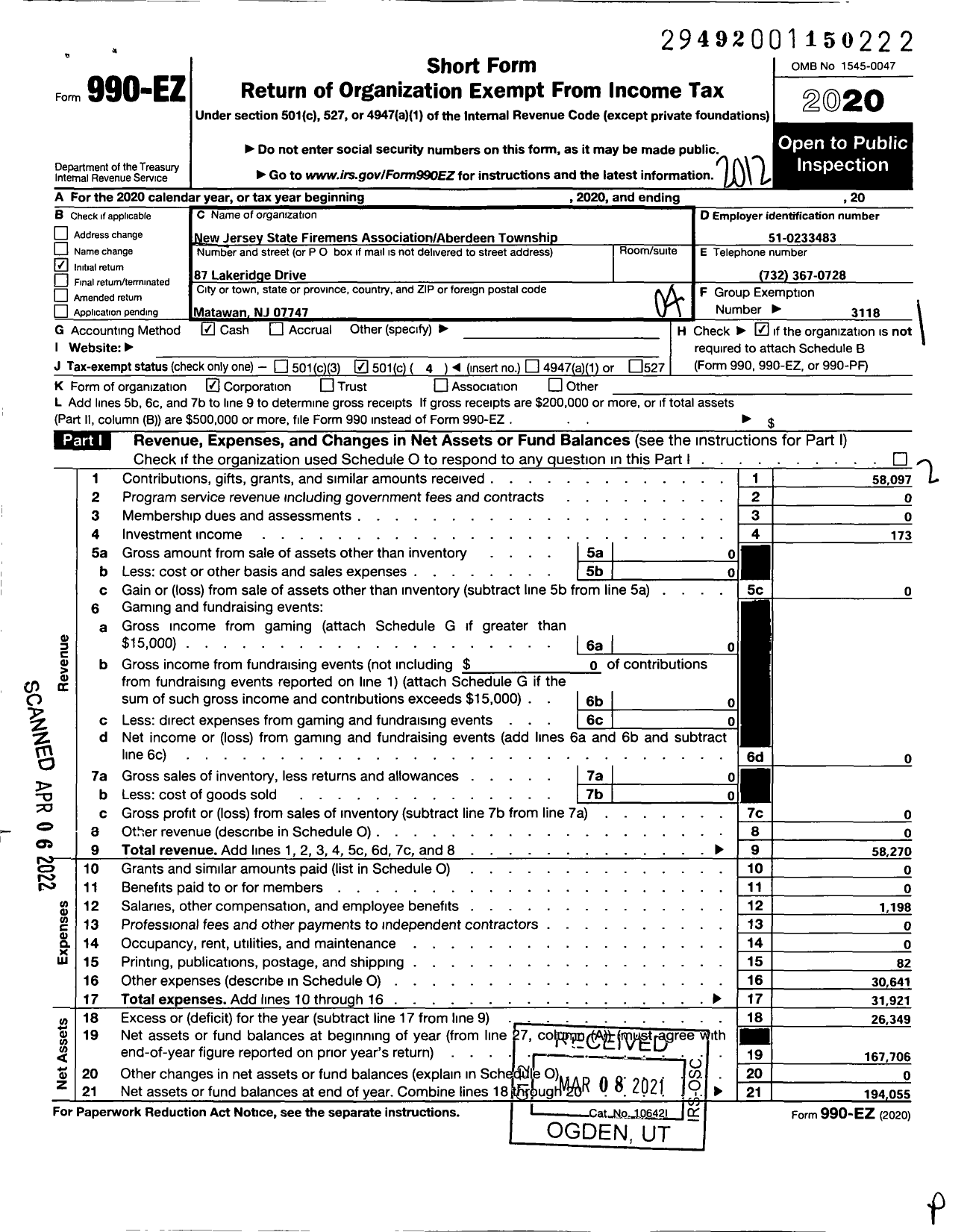 Image of first page of 2020 Form 990EO for NEW JERSEY STATE FIREMENS ASSOCIATION / Aberdeen TWSP