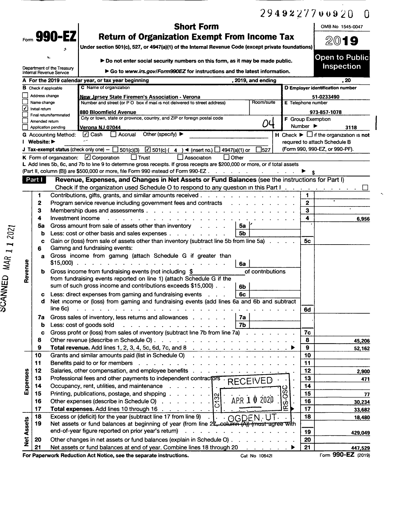 Image of first page of 2019 Form 990EO for New Jersey State Firemen's Association - Verona