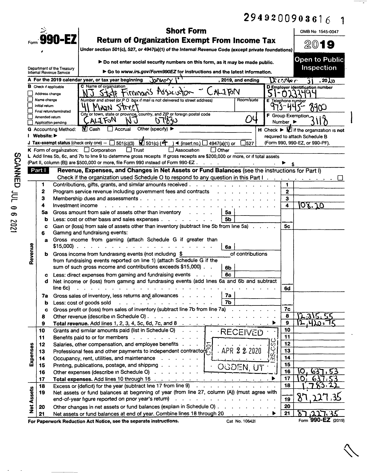 Image of first page of 2019 Form 990EO for New Jersey State Firemens Association - Califon