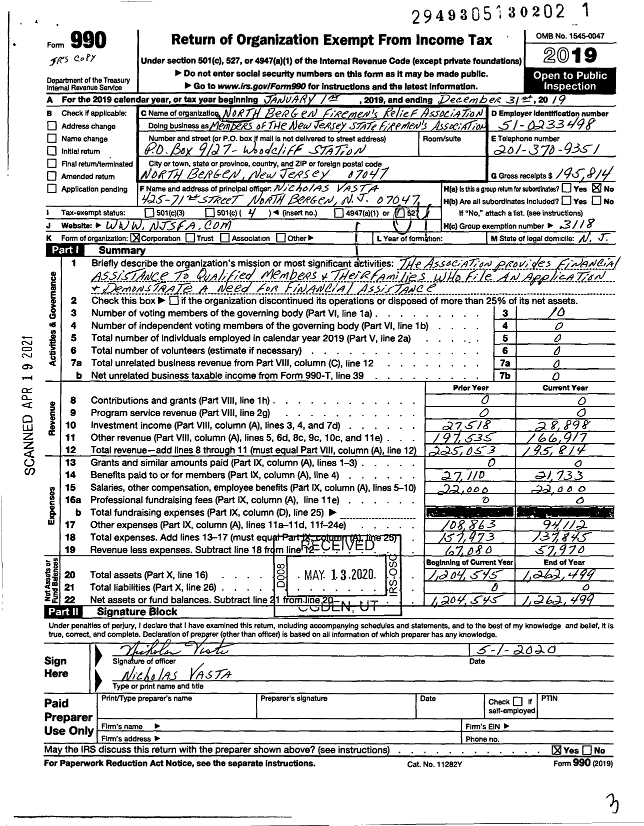 Image of first page of 2019 Form 990O for New Jersey State Firemen's Association - Members of the New Jersey State Firemen's Association