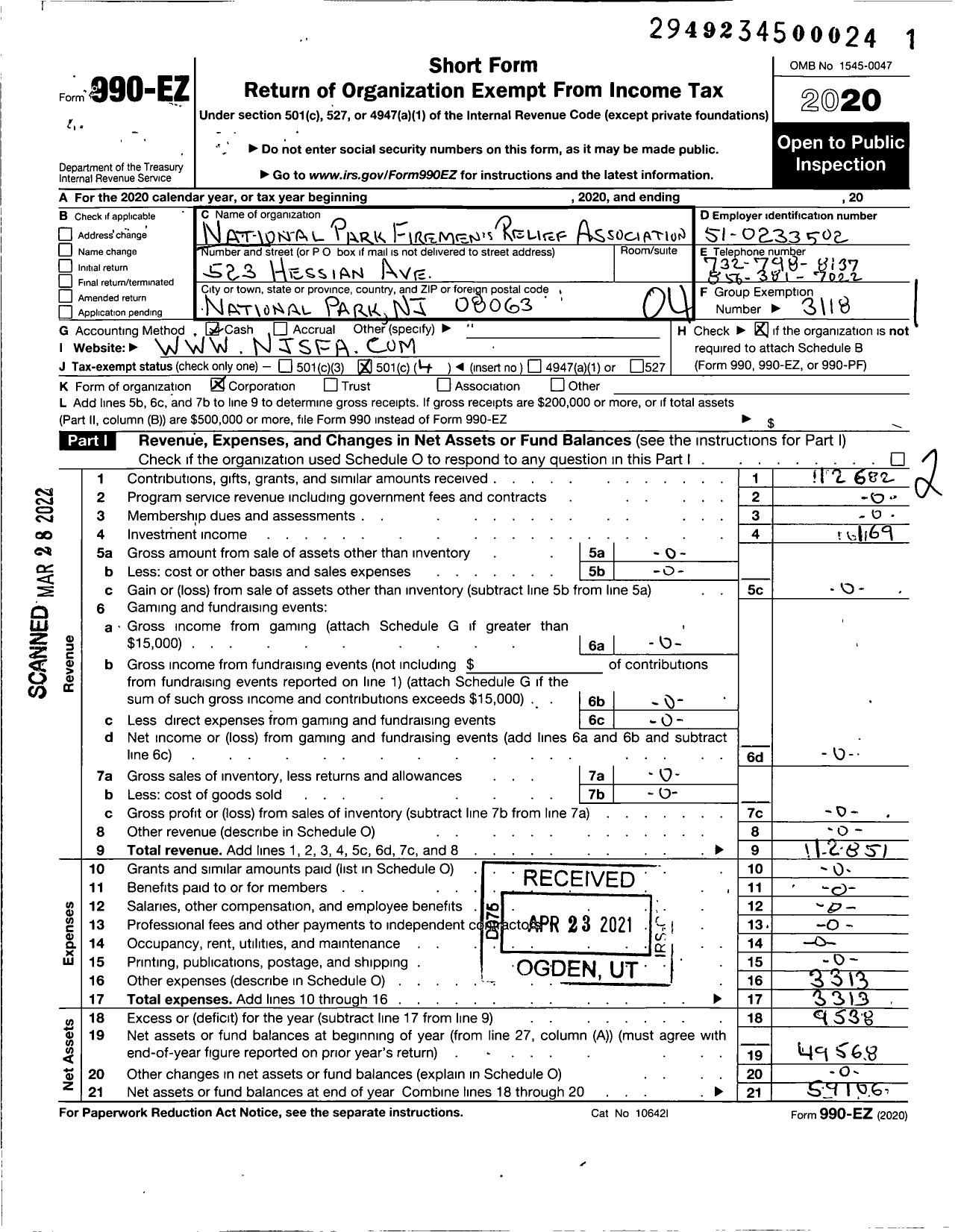 Image of first page of 2020 Form 990EO for New Jersey State Firemen's Association - National Park