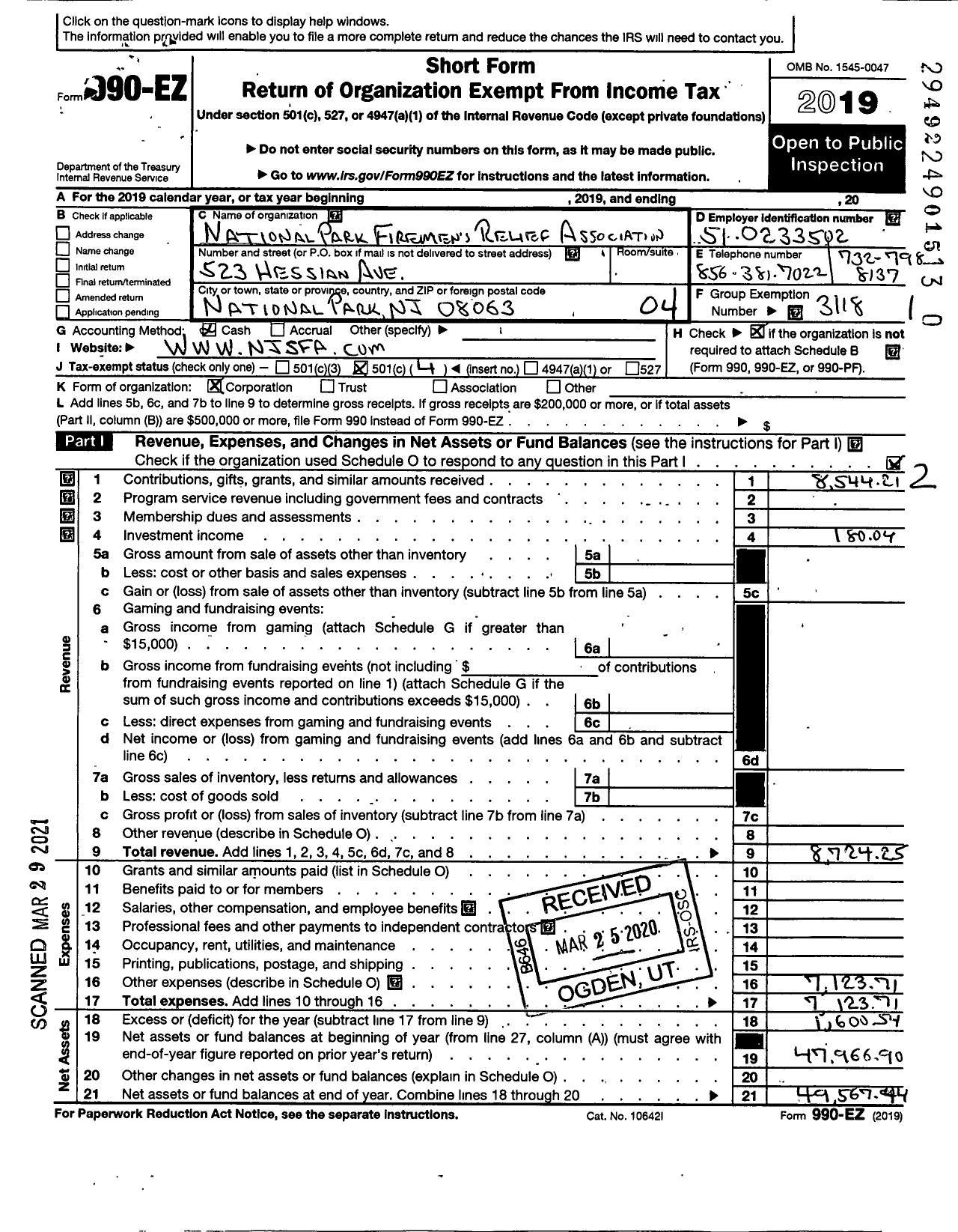 Image of first page of 2019 Form 990EO for New Jersey State Firemen's Association - National Park