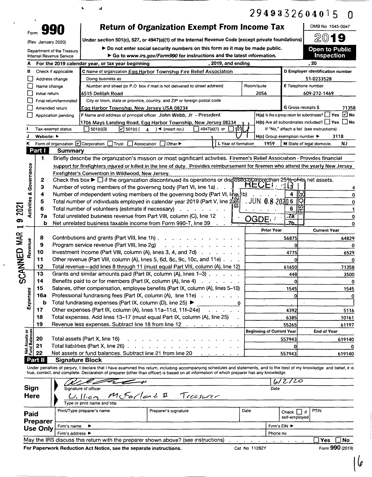 Image of first page of 2019 Form 990O for New Jersey State Firemen's Association - Egg Harbor TWSP