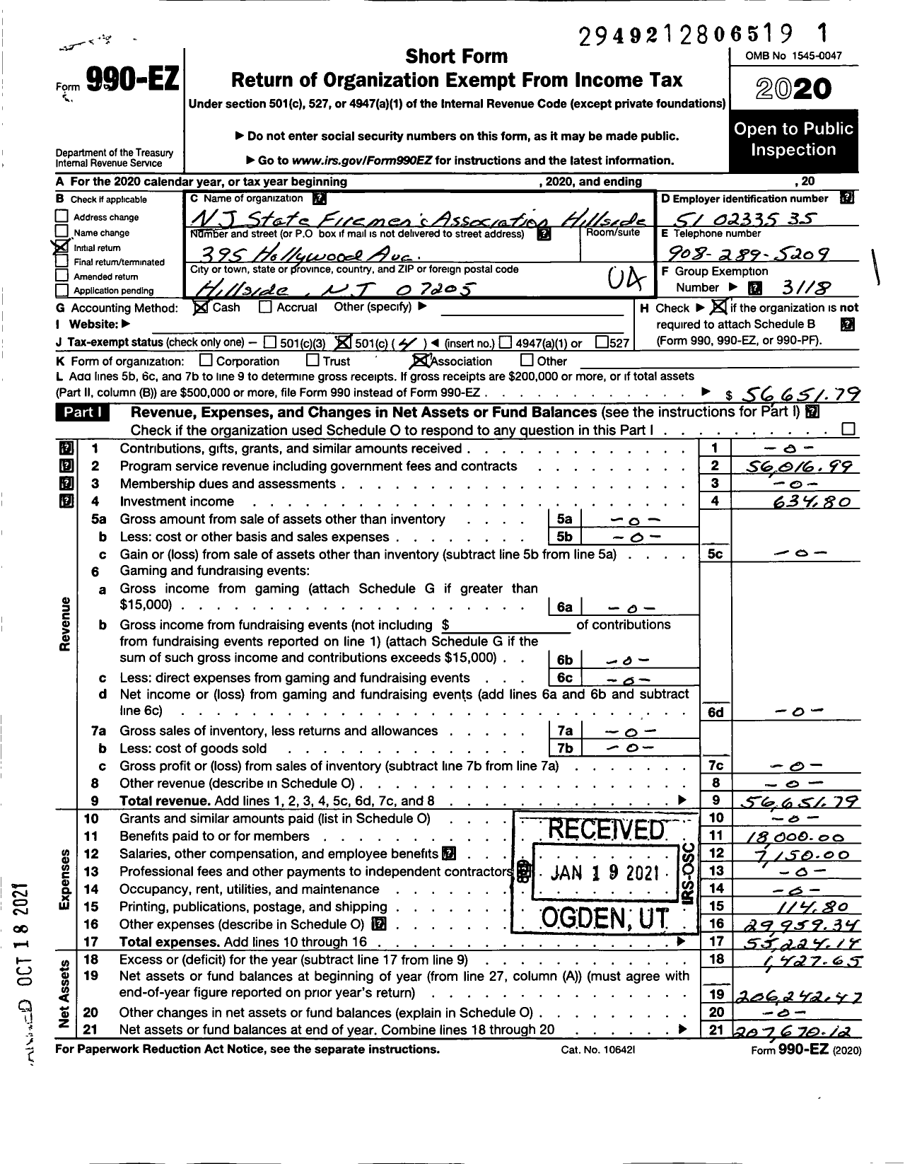 Image of first page of 2020 Form 990EO for New Jersey State Firemen's Association - Hillside