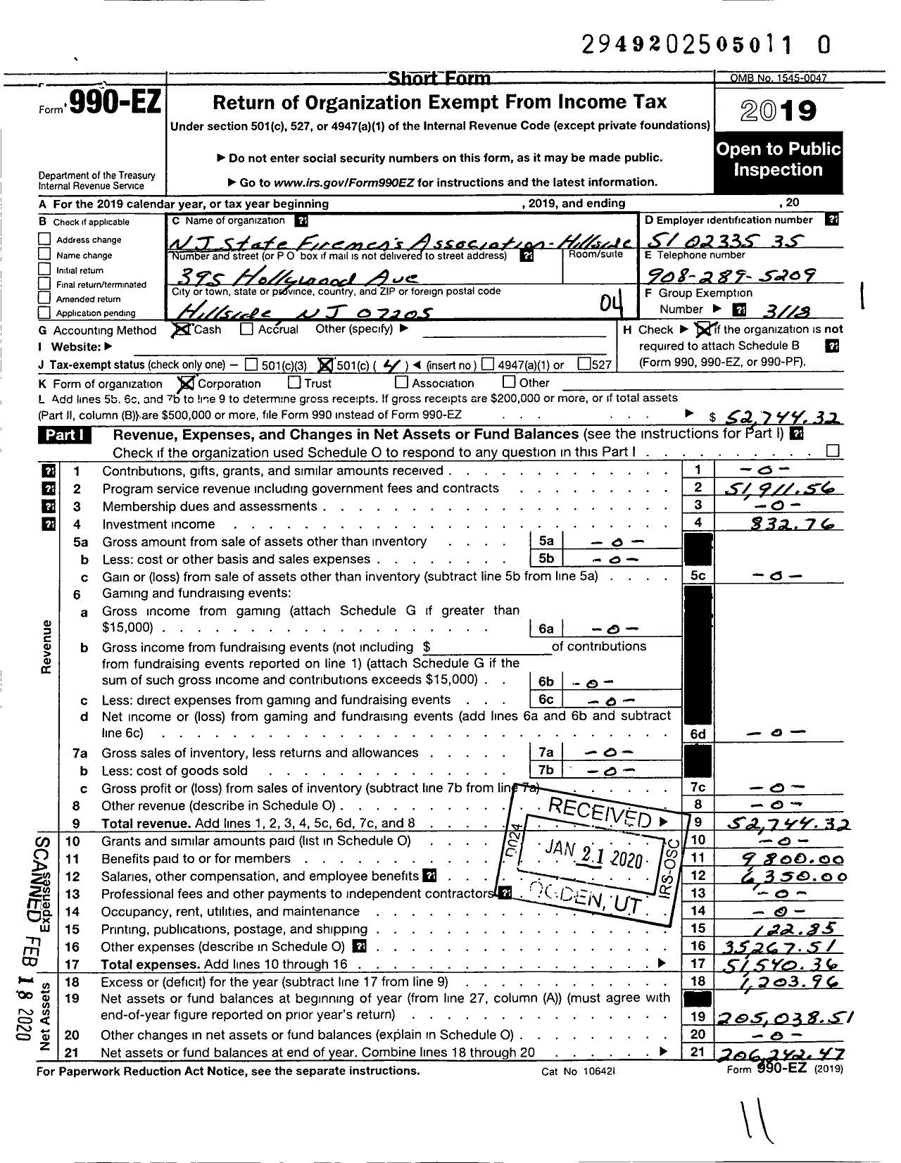 Image of first page of 2019 Form 990EO for New Jersey State Firemen's Association - Hillside