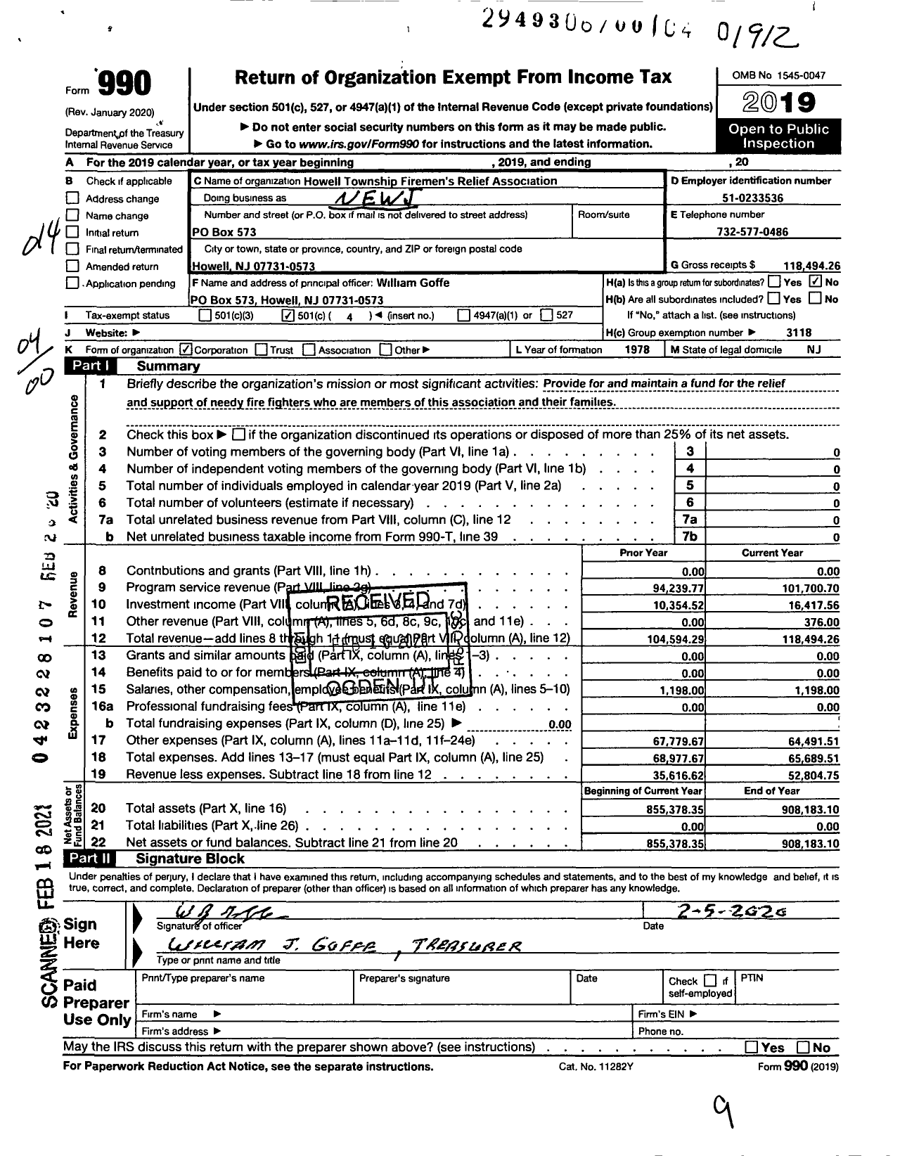 Image of first page of 2019 Form 990O for New Jersey State Firemen's Association - Howell Township Firemen's Relief Association