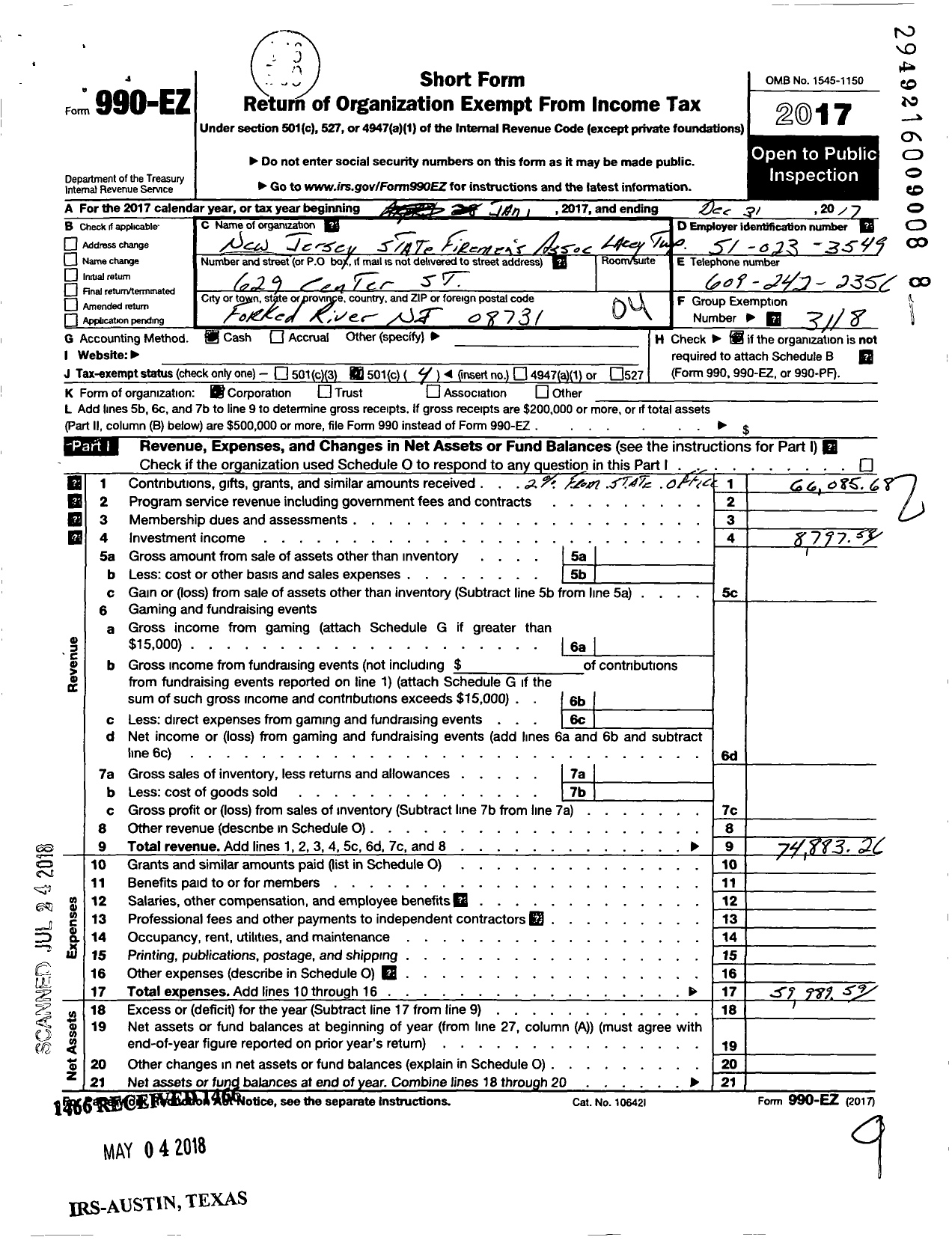 Image of first page of 2017 Form 990EO for New Jersey State Firemens Association