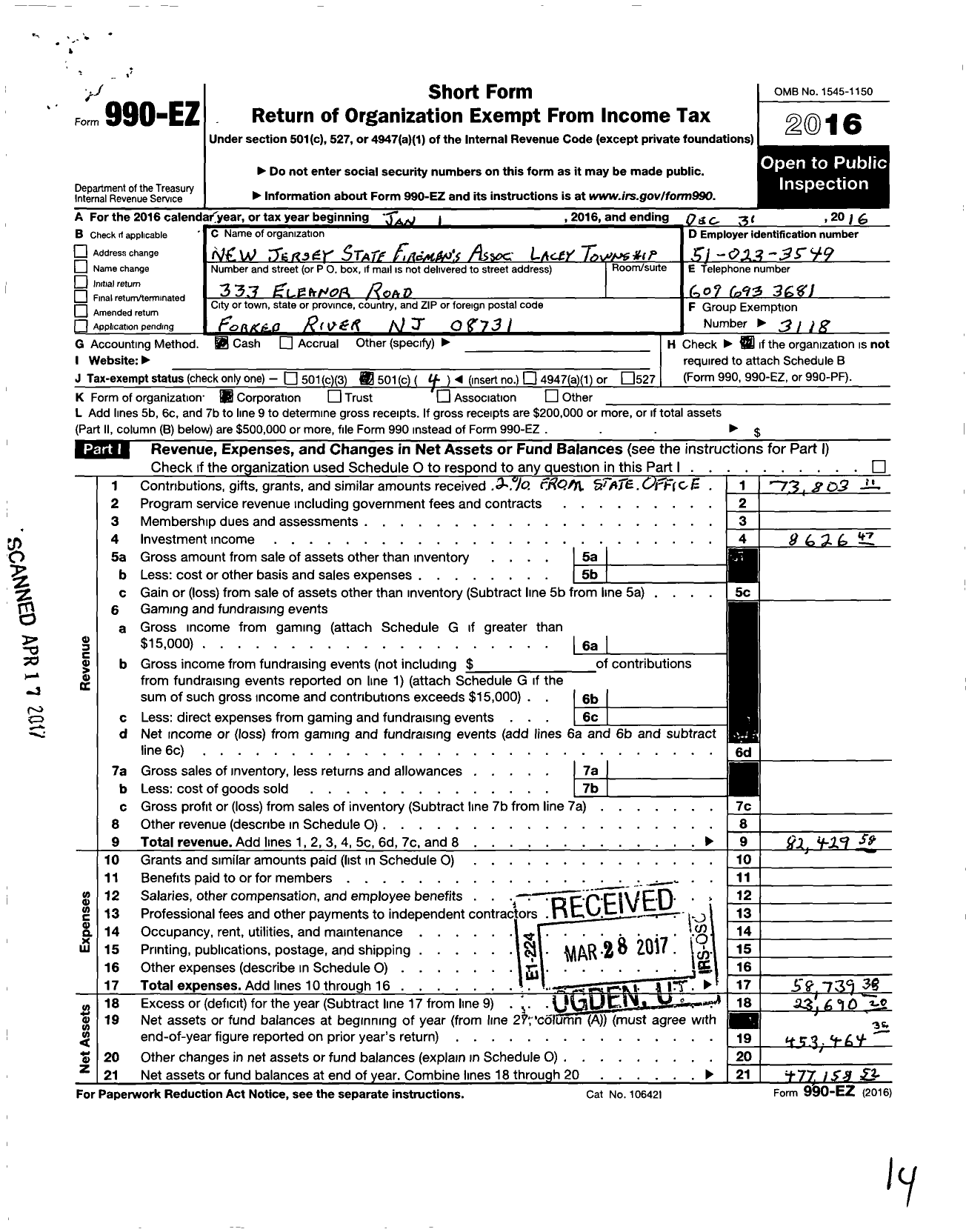 Image of first page of 2016 Form 990EO for New Jersey State Firemens Association