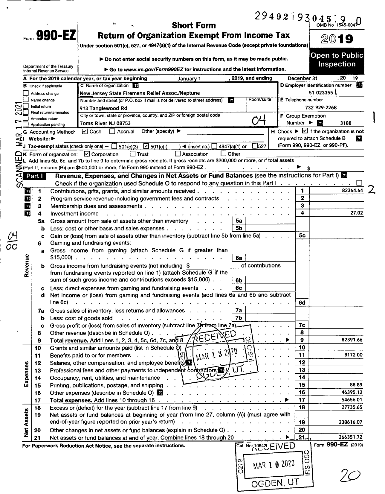 Image of first page of 2019 Form 990EO for New Jersey State Firemen's Association - Franklin TWSP