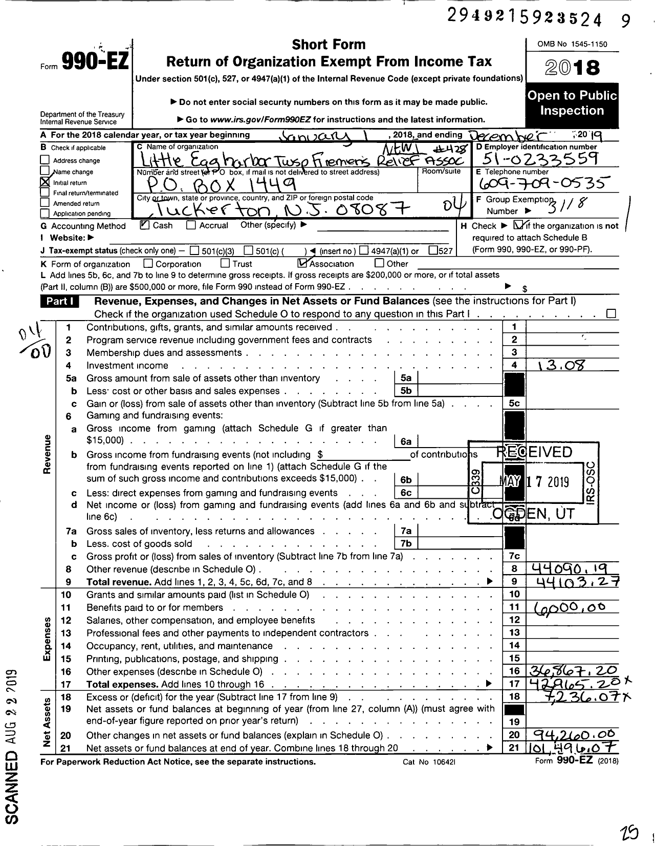 Image of first page of 2019 Form 990EO for New Jersey State Firemen's Association - Little Egg Harbor TWSP