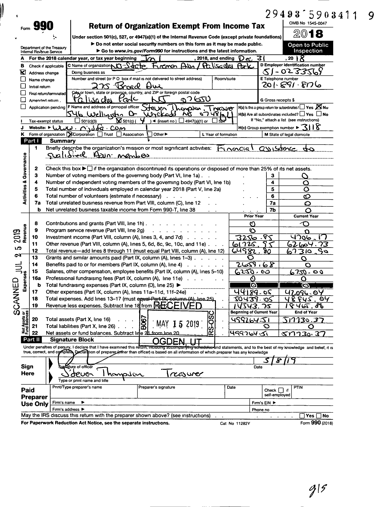 Image of first page of 2018 Form 990O for New Jersey State Firemen's Association - Palisades Park