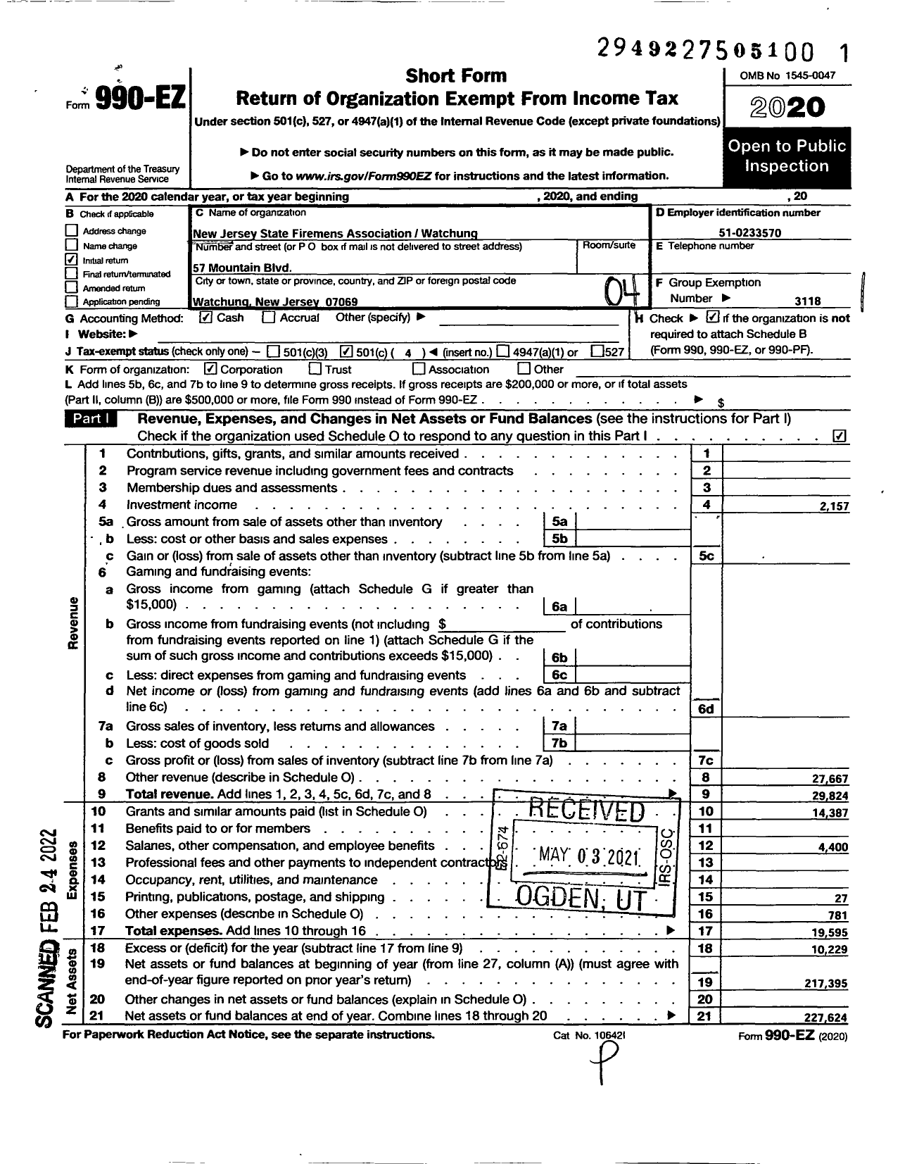 Image of first page of 2020 Form 990EO for New Jersey State Firemen's Association - Watchung