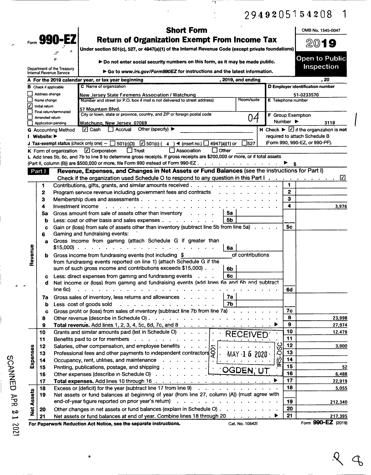 Image of first page of 2019 Form 990EO for New Jersey State Firemen's Association - Watchung