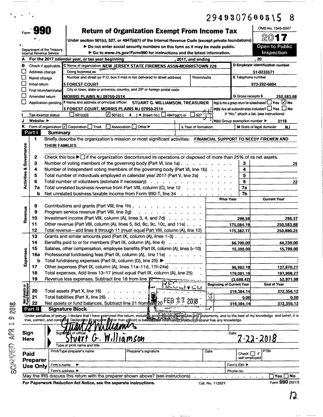 Image of first page of 2017 Form 990O for New Jersey State Firemens Association Morristown 229