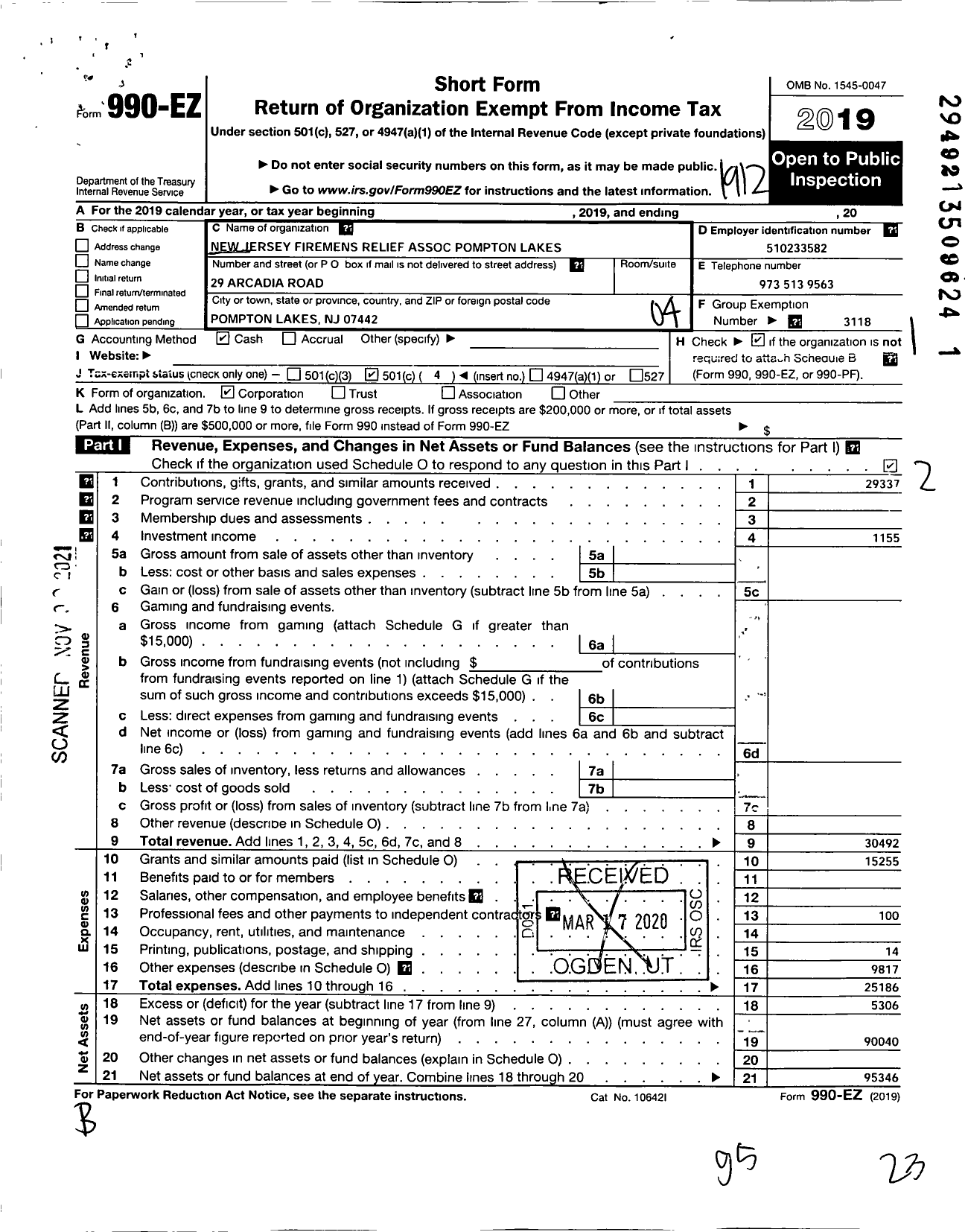 Image of first page of 2019 Form 990EO for New Jersey State Firemen's Association - Pompton Lakes