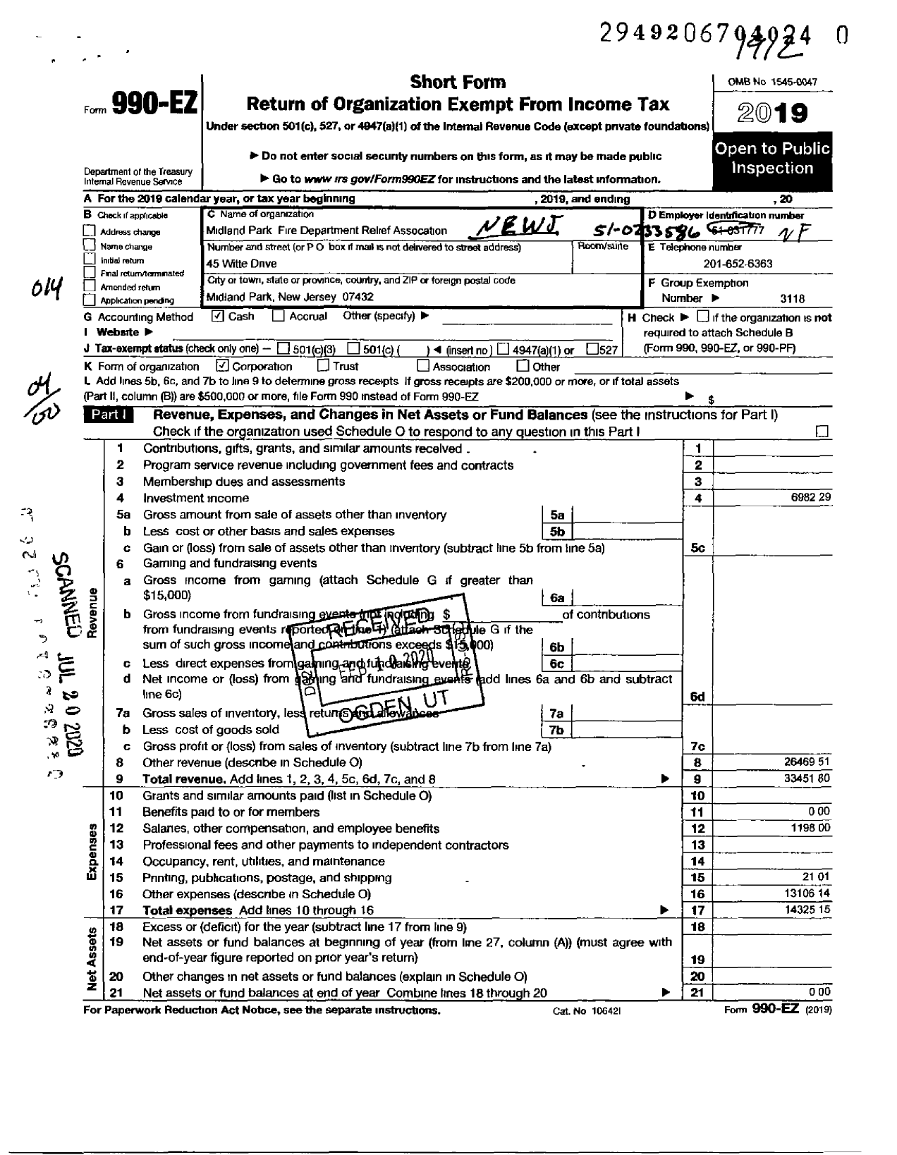 Image of first page of 2019 Form 990EO for New Jersey State Firemen's Association - Midland Park