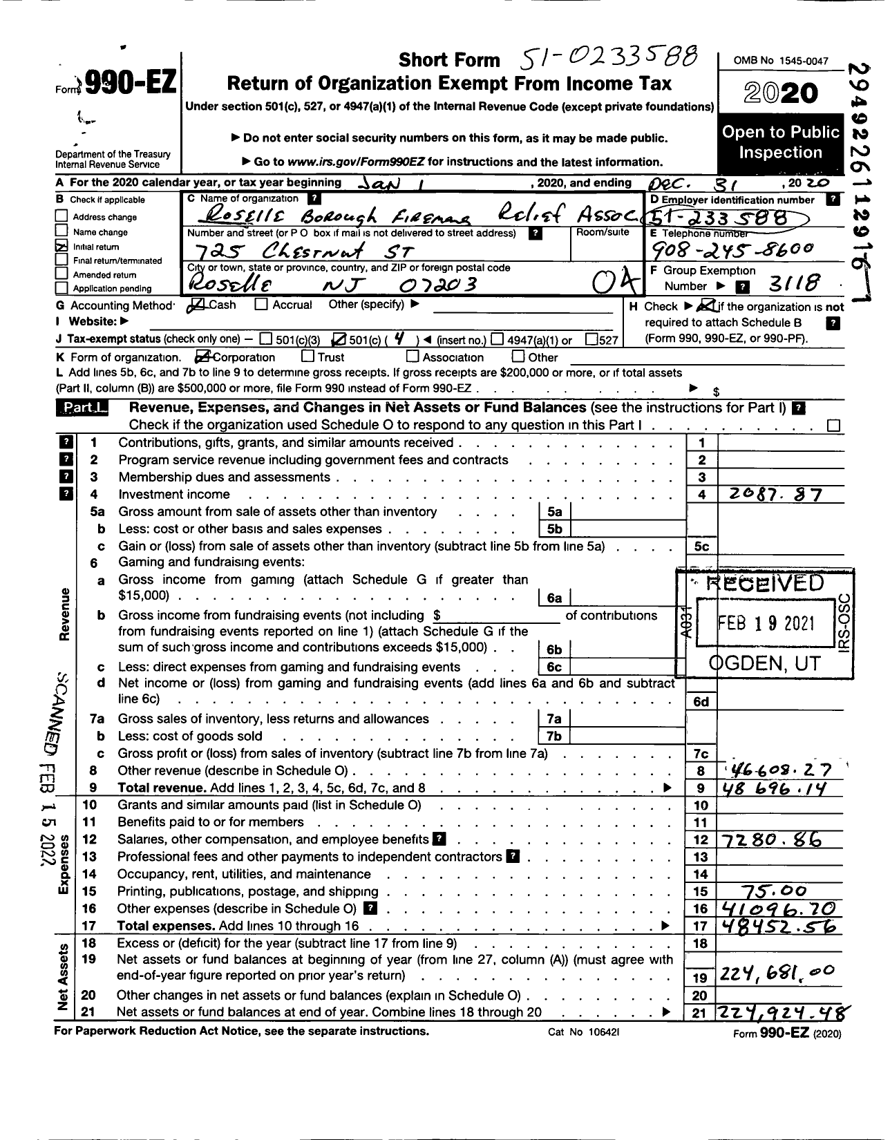 Image of first page of 2020 Form 990EO for New Jersey State Firemen's Association - Roselle Boro