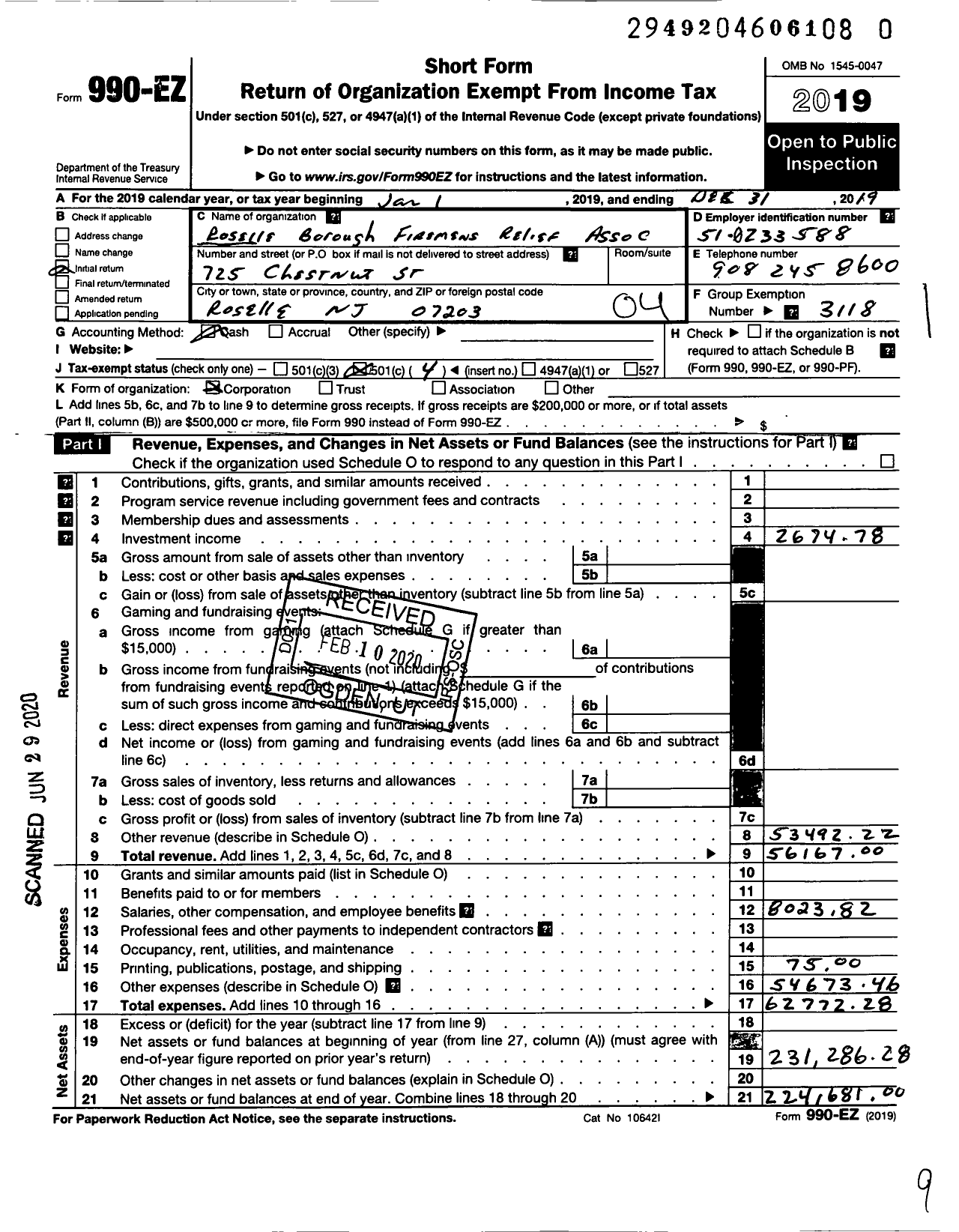 Image of first page of 2019 Form 990EO for New Jersey State Firemen's Association - Roselle Boro