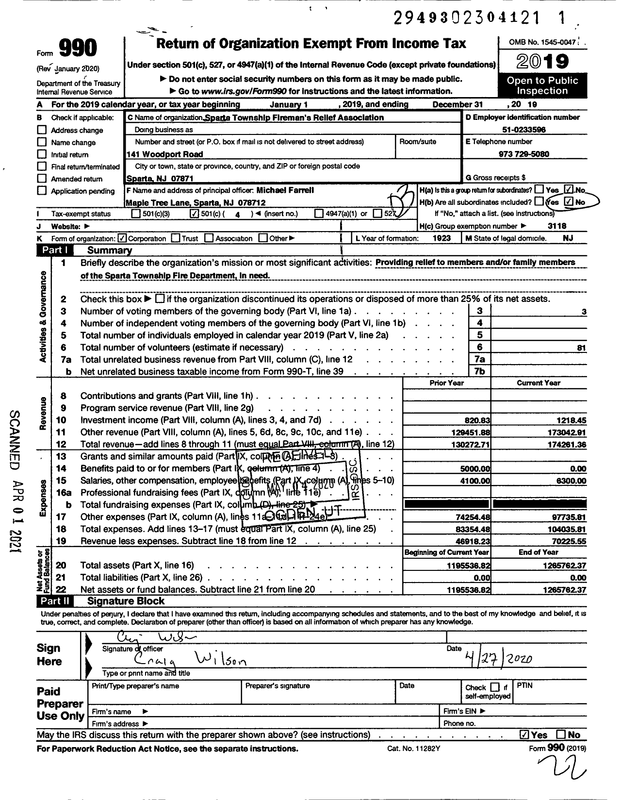 Image of first page of 2019 Form 990 for New Jersey State Firemen's Association - Sparta Township Firemans Relief Association