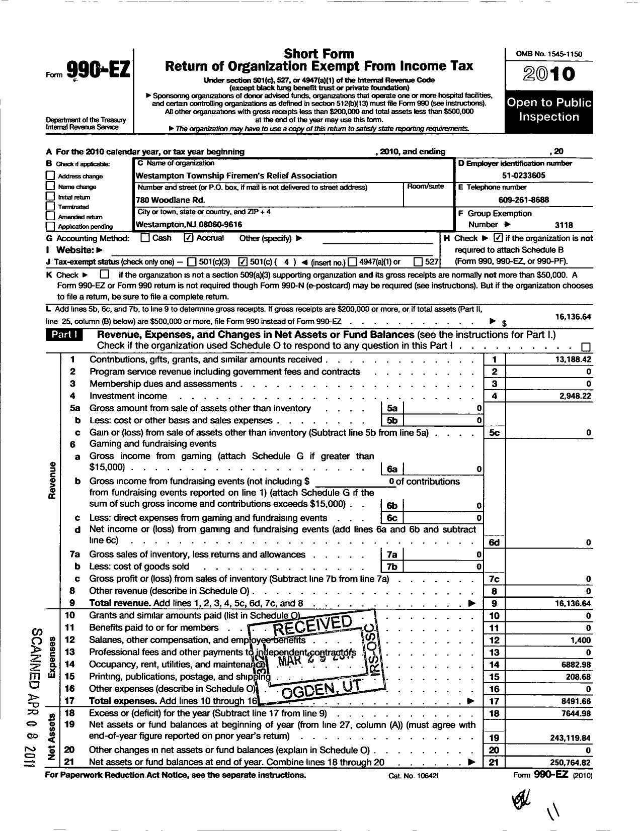 Image of first page of 2010 Form 990EO for New Jersey State Firemen's Association - Westampton TWSP