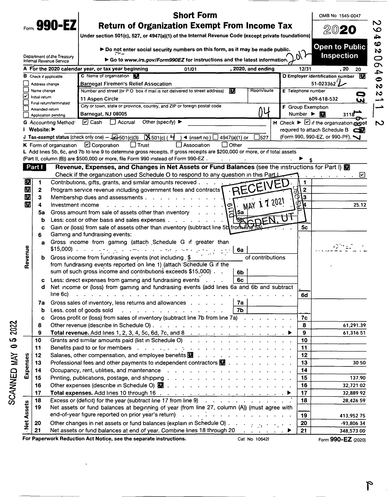 Image of first page of 2020 Form 990EO for NEW JERSEY STATE Firemen's ASSOCIATION - Barnegat