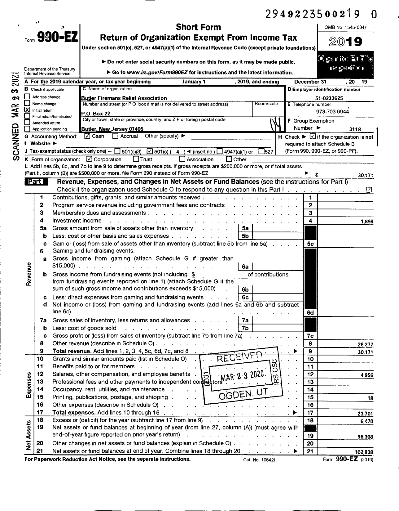 Image of first page of 2019 Form 990EO for NEW JERSEY STATE Firemen's ASSOCIATION - Butler