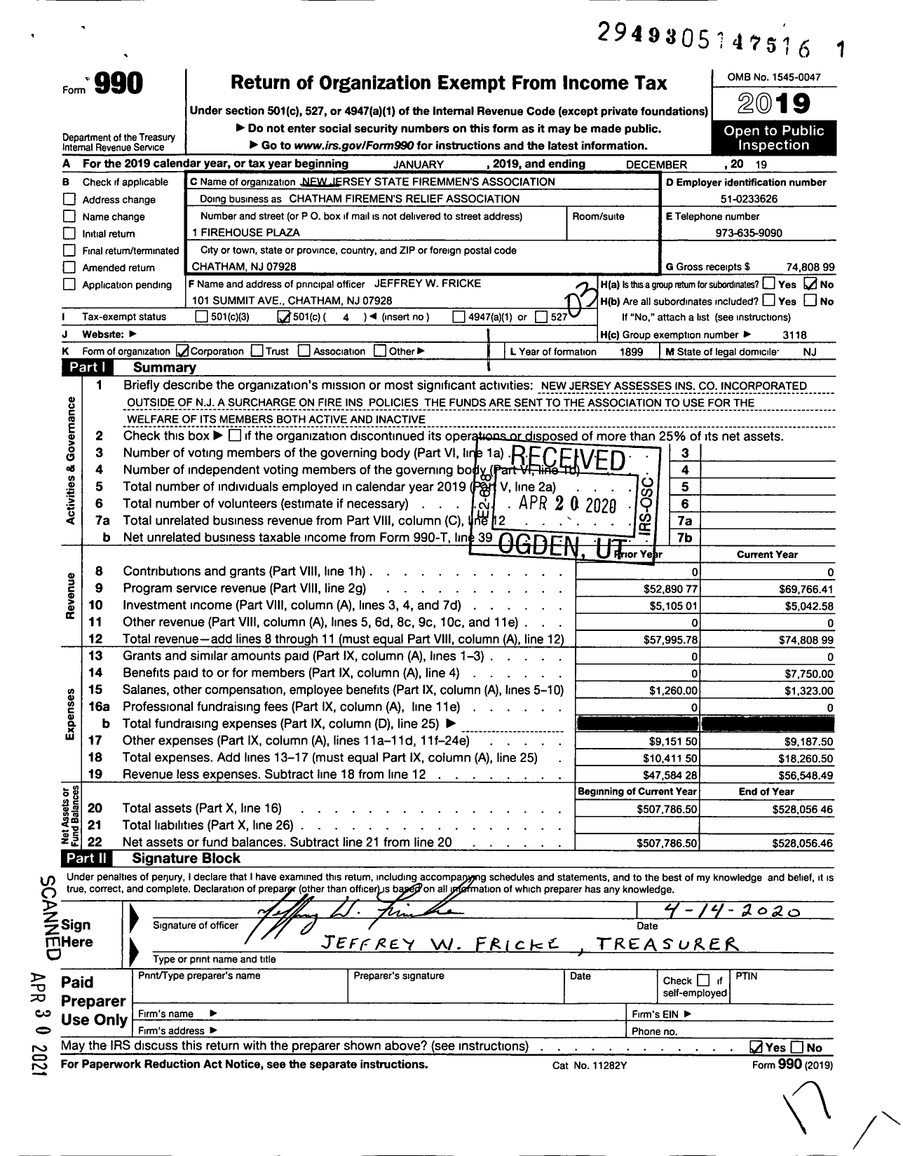 Image of first page of 2019 Form 990 for New Jersey State Firemen's Association - Chatham Firemen's Relief Associatio