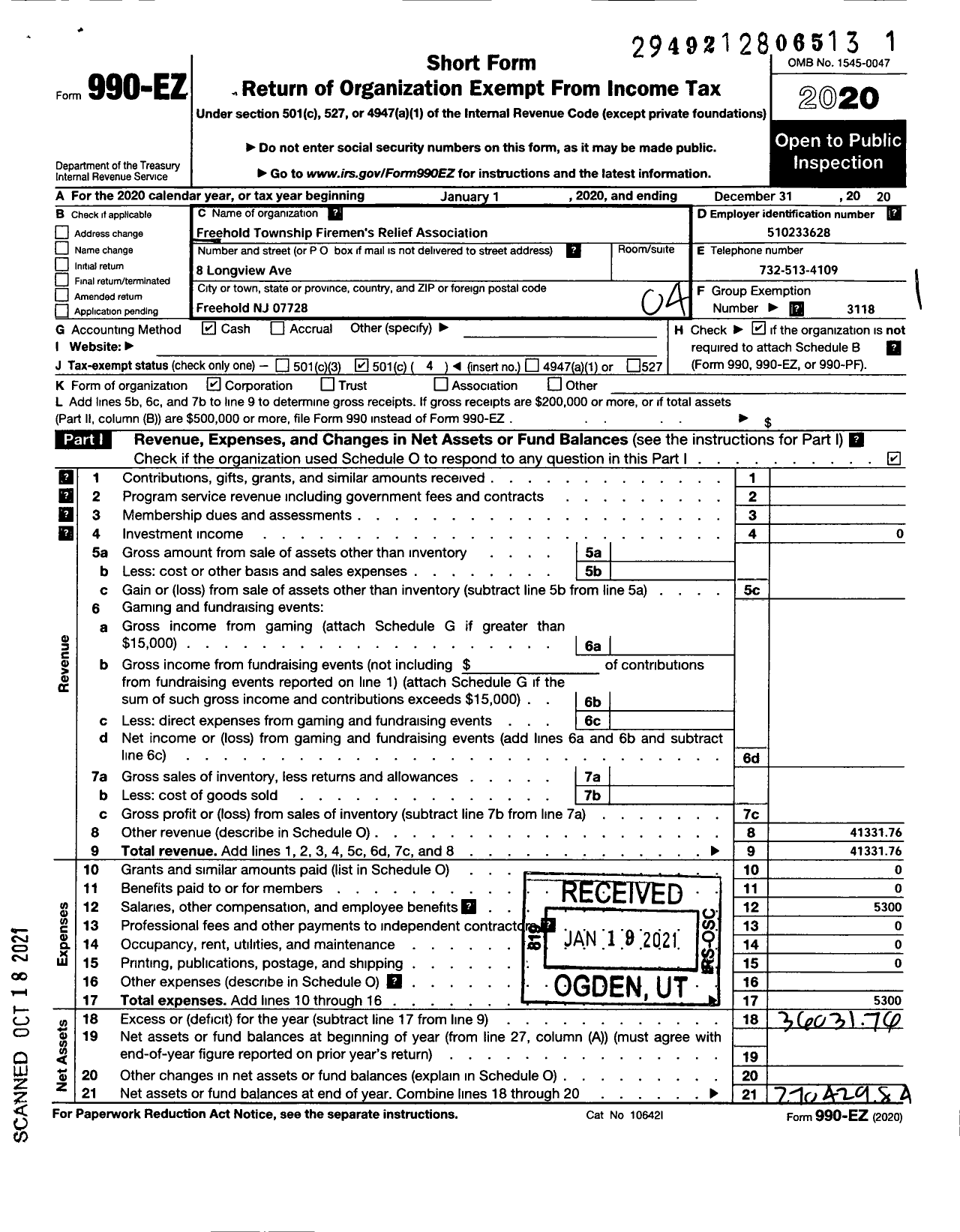 Image of first page of 2020 Form 990EO for New Jersey State Firemen's Association - Freehold TWSP