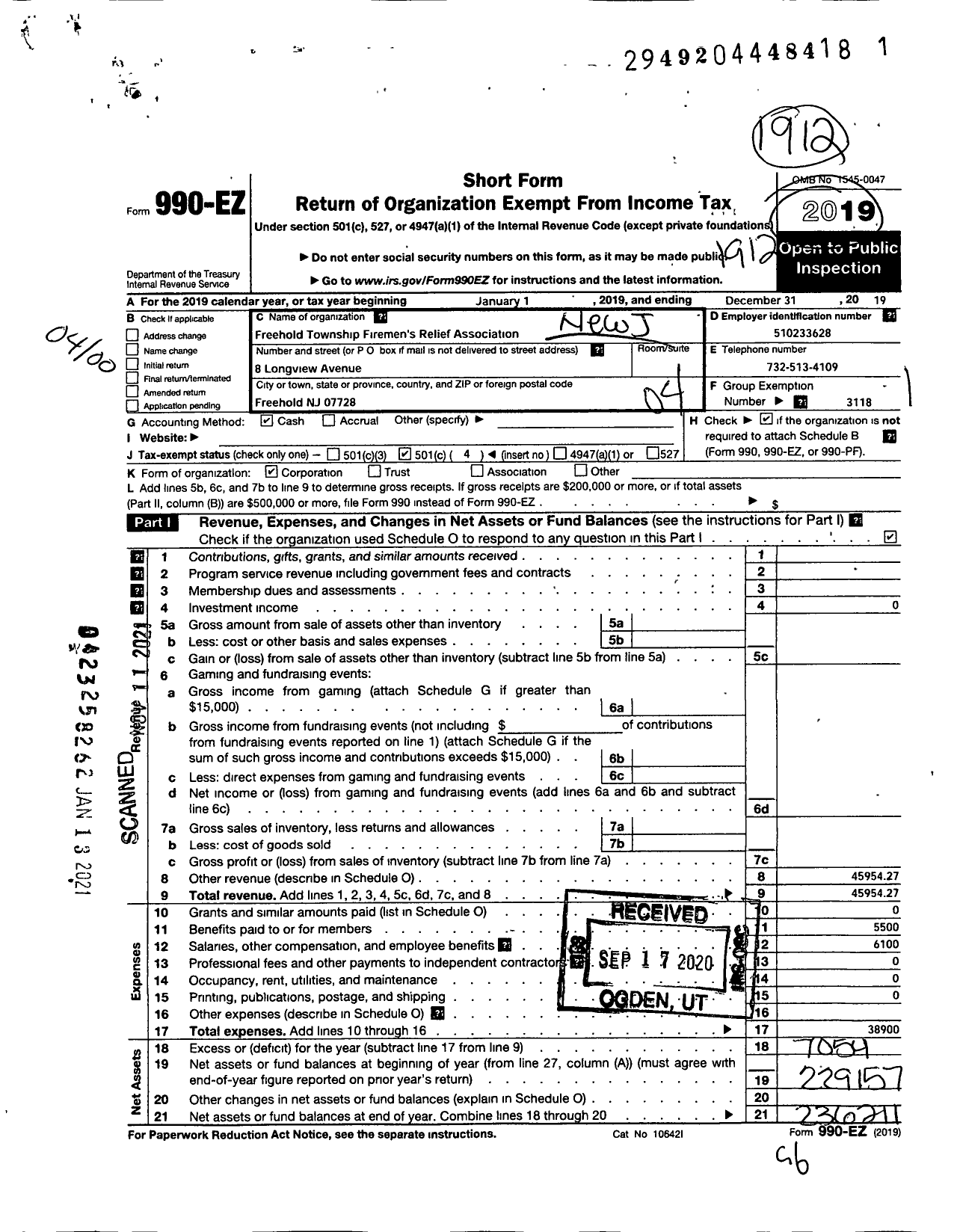 Image of first page of 2019 Form 990EO for New Jersey State Firemen's Association - Freehold TWSP