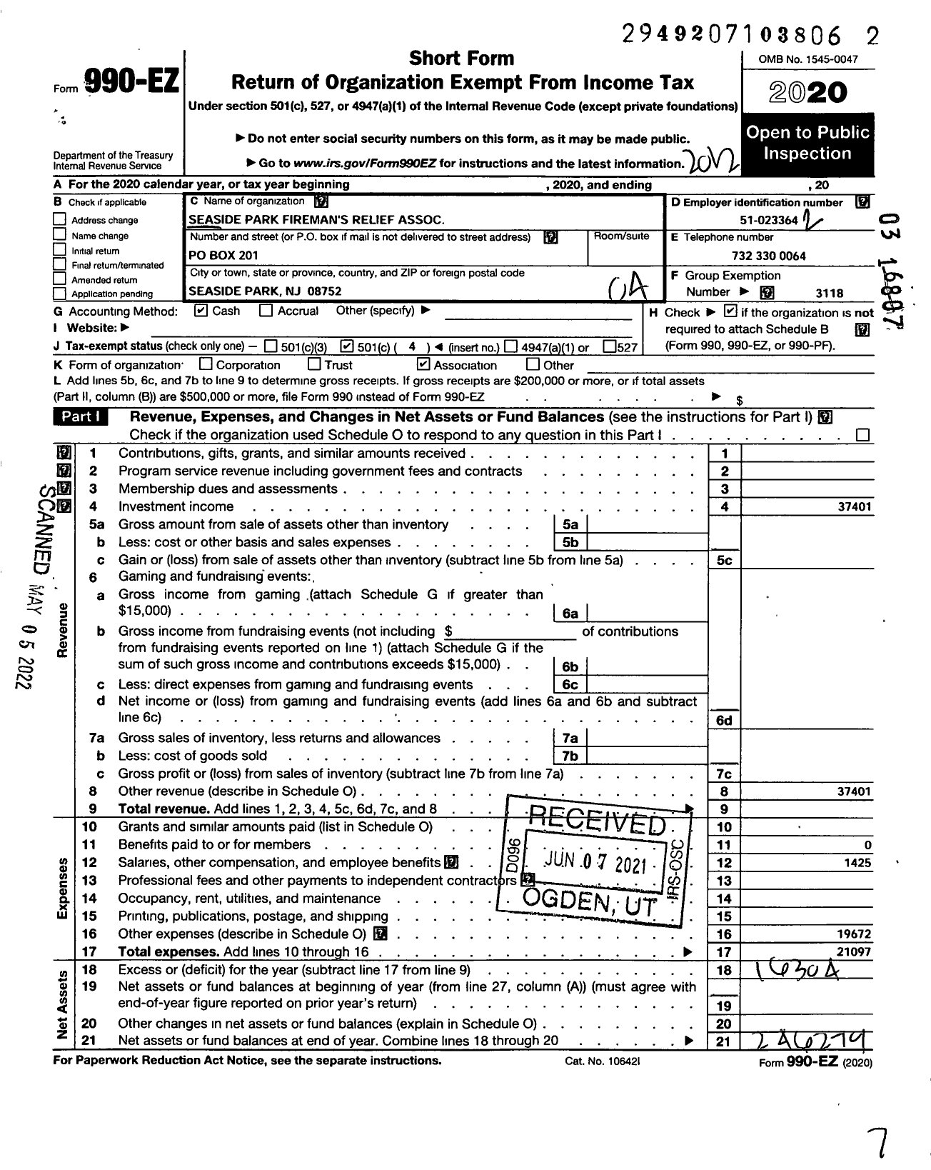 Image of first page of 2020 Form 990EO for New Jersey State Firemen's Association - Seaside Park Firemans Relief Assoc