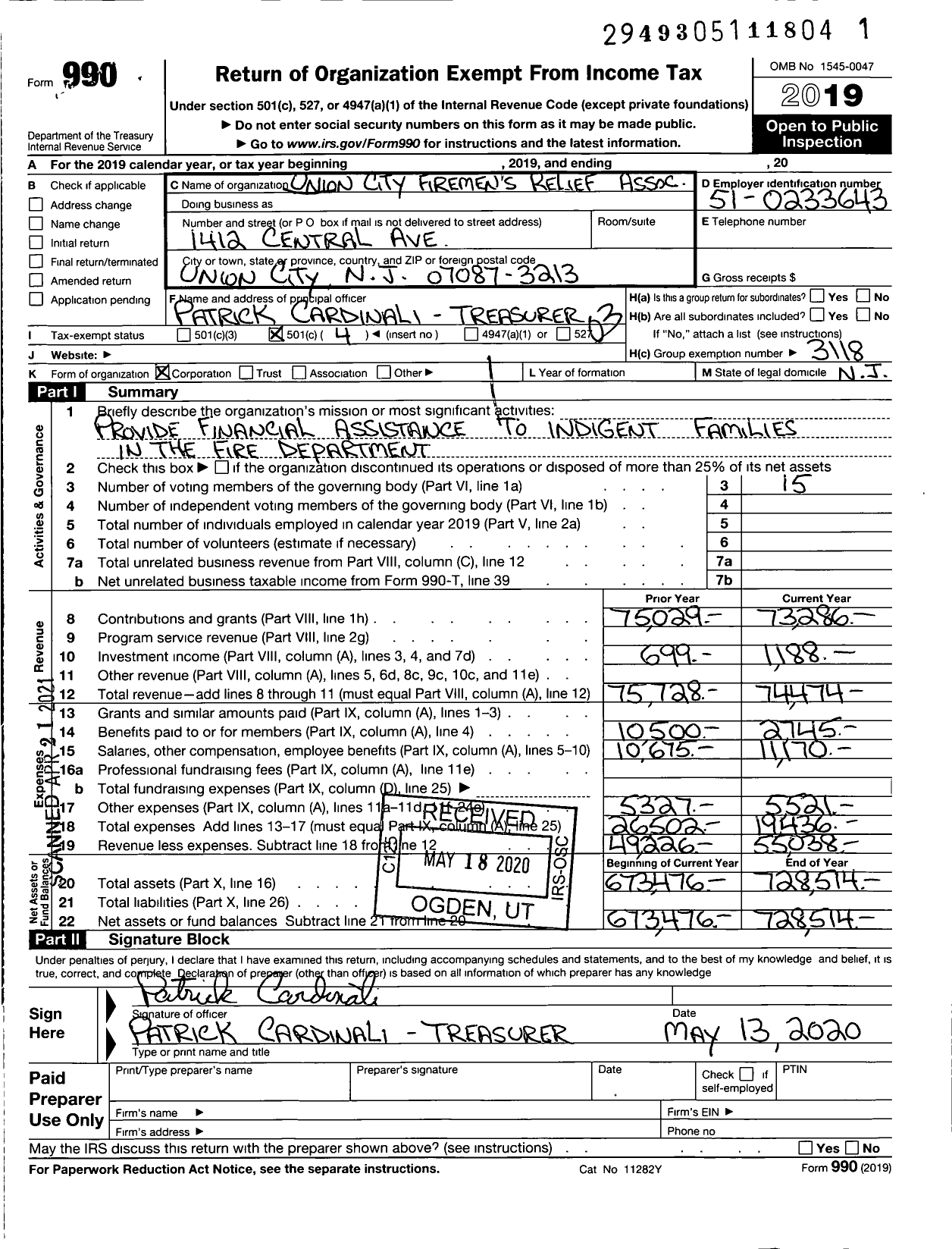 Image of first page of 2019 Form 990 for New Jersey State Firemen's Association - Union City Firemen's Relief Association