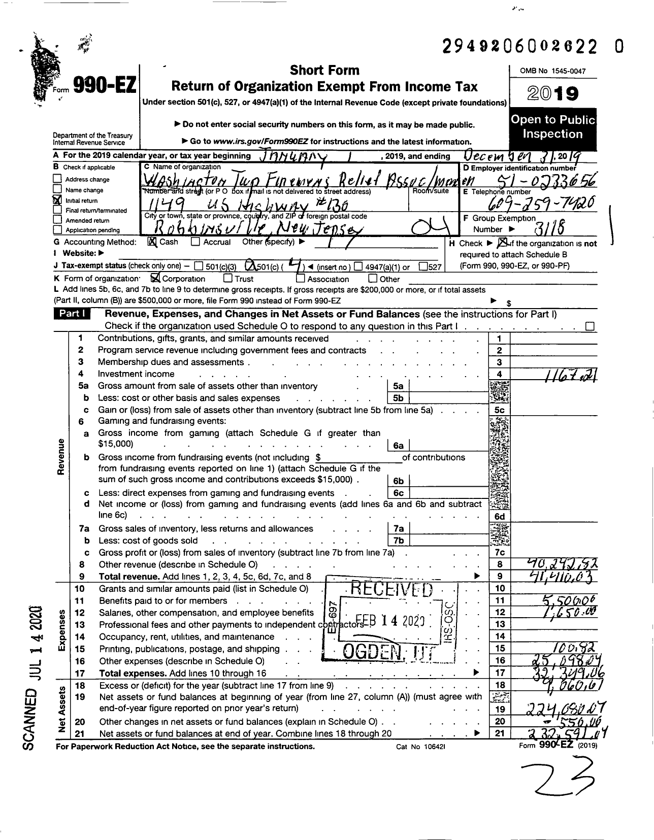 Image of first page of 2019 Form 990EO for New Jersey State Firemen's Association - Washington TWSP