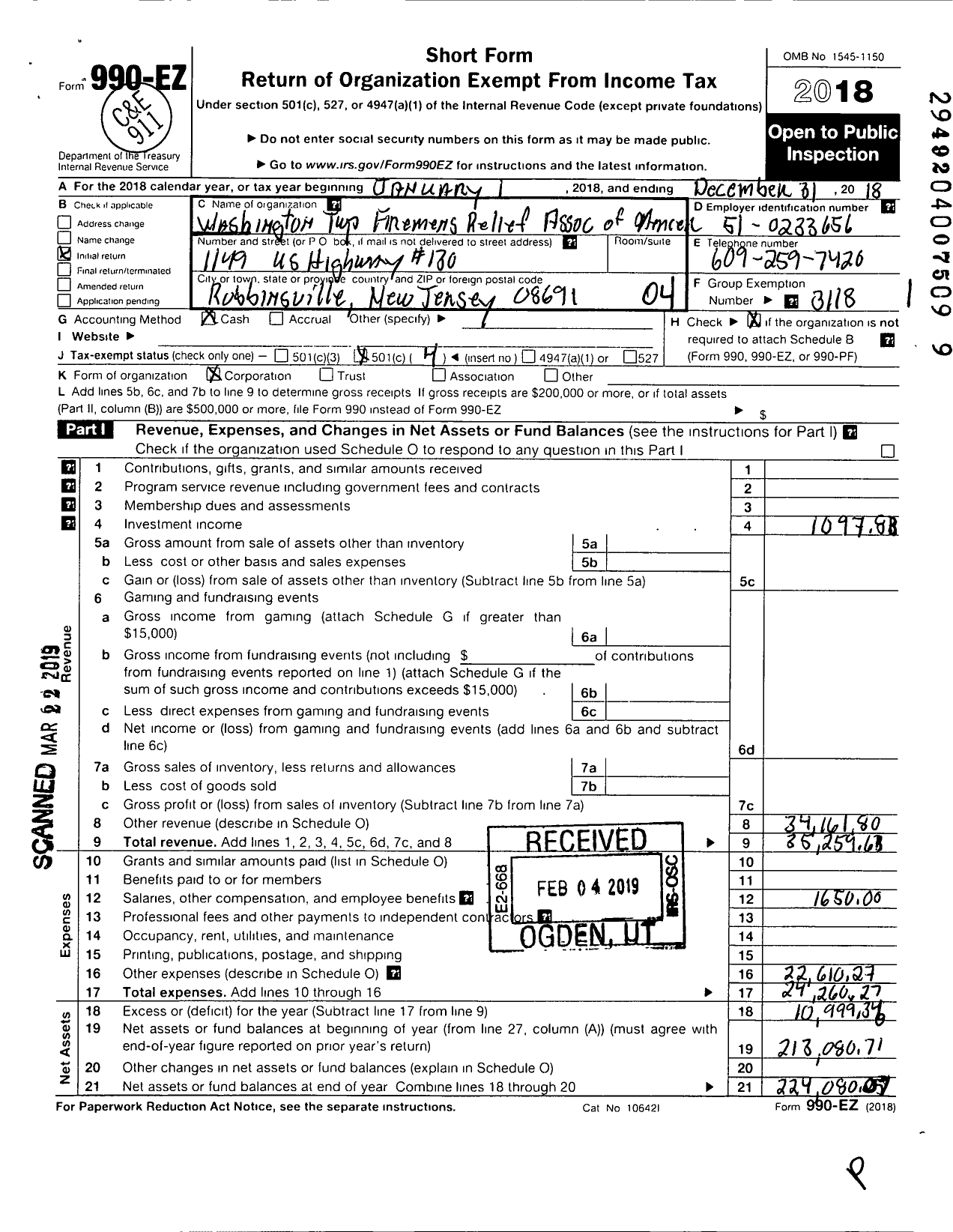 Image of first page of 2018 Form 990EO for New Jersey State Firemen's Association - Washington TWSP