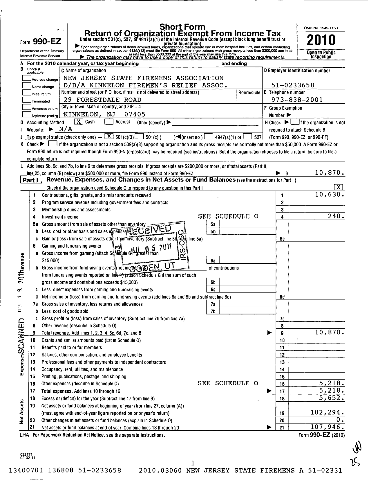 Image of first page of 2010 Form 990EZ for New Jersey State Firemen's Association - Kinnelon Firemens Relief Association