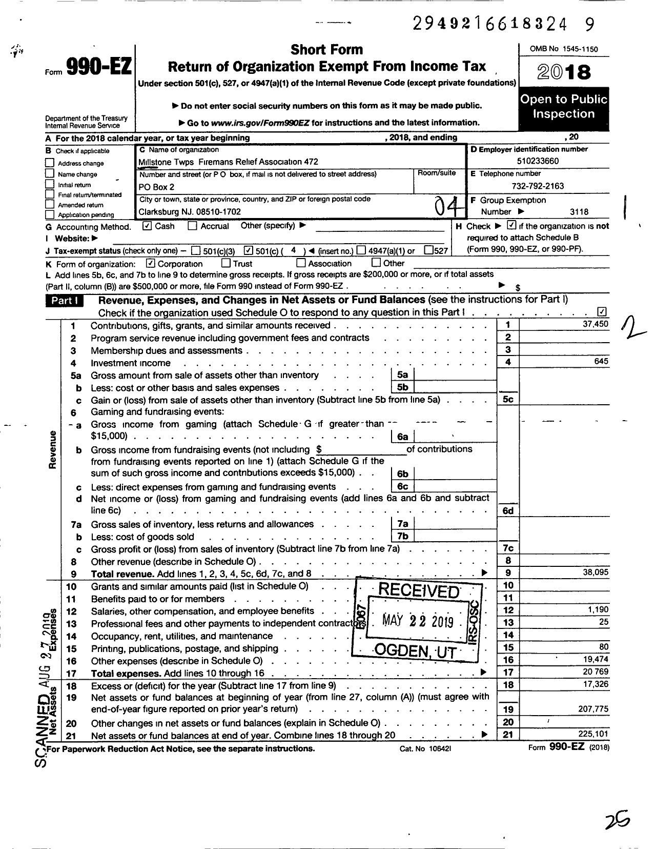 Image of first page of 2018 Form 990EO for New Jersey State Firemen's Association - Millstone TWSP