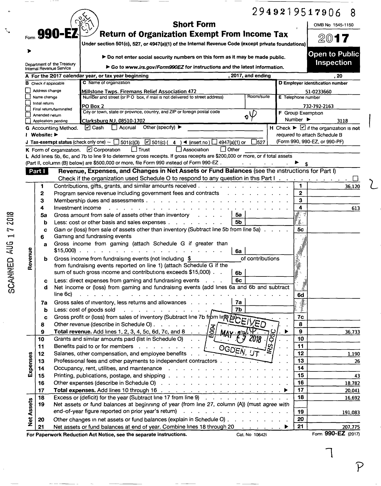 Image of first page of 2017 Form 990EO for New Jersey State Firemen's Association - Millstone TWSP