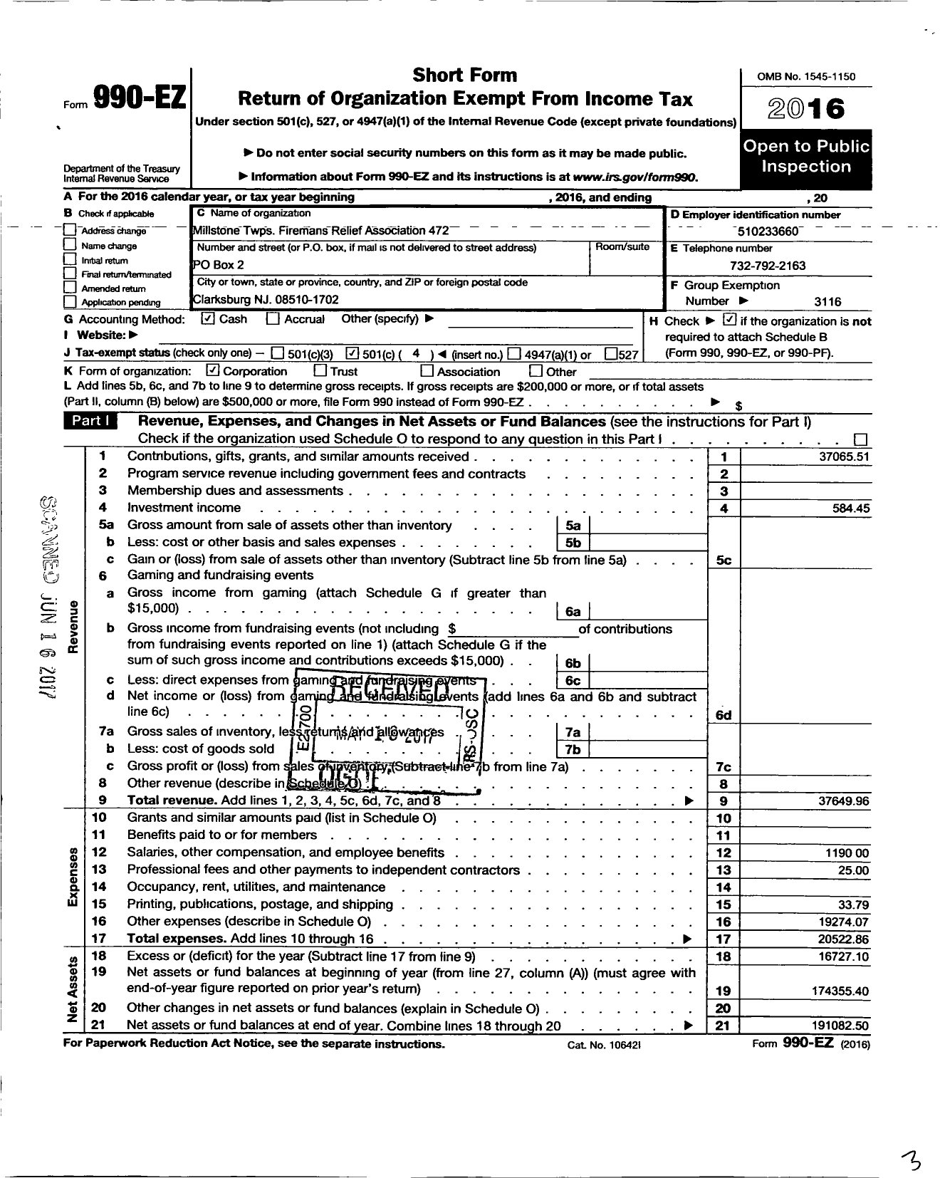 Image of first page of 2016 Form 990EO for New Jersey State Firemen's Association - Millstone TWSP