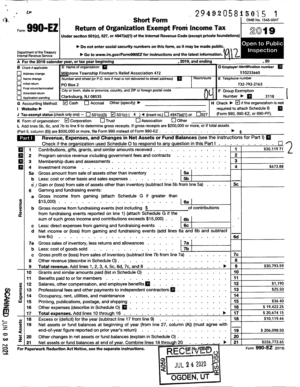 Image of first page of 2019 Form 990EO for New Jersey State Firemen's Association - Millstone TWSP