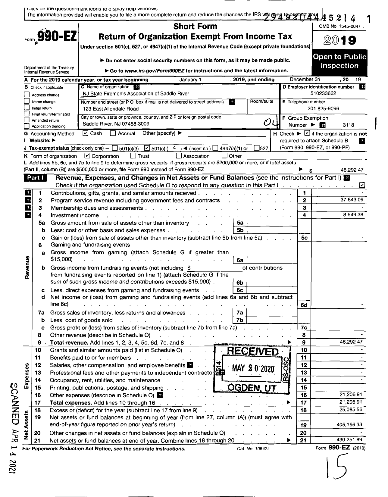 Image of first page of 2019 Form 990EO for New Jersey State Firemen's Association - Saddle River